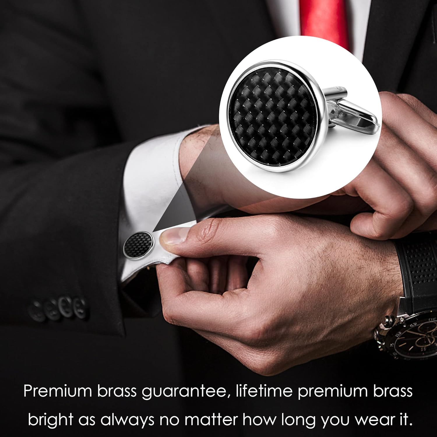LOYALLOOK 8pcs Mens Carbon Fiber Cufflinks and Shirt Studs Set Tuxedo Shirts Business Wedding Silver Black Gold Tone - Image 4