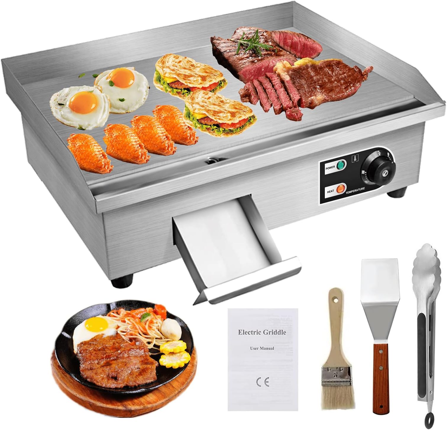 22" Electric Countertop Flat Top Griddle 1600W 110V Non-Stick Commercial Restaurant Teppanyaki Grill Stainless Steel Adjustable Temperature Control 50~300℃