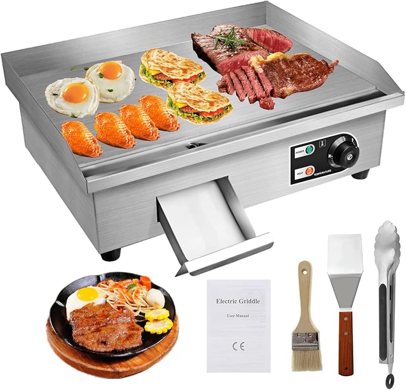 22" Electric Countertop Flat Top Griddle Grill 1600W 110V | Non-Stick, Commercial Restaurant Teppanyaki Grill, Adjustable Temperature Control 50~300℃