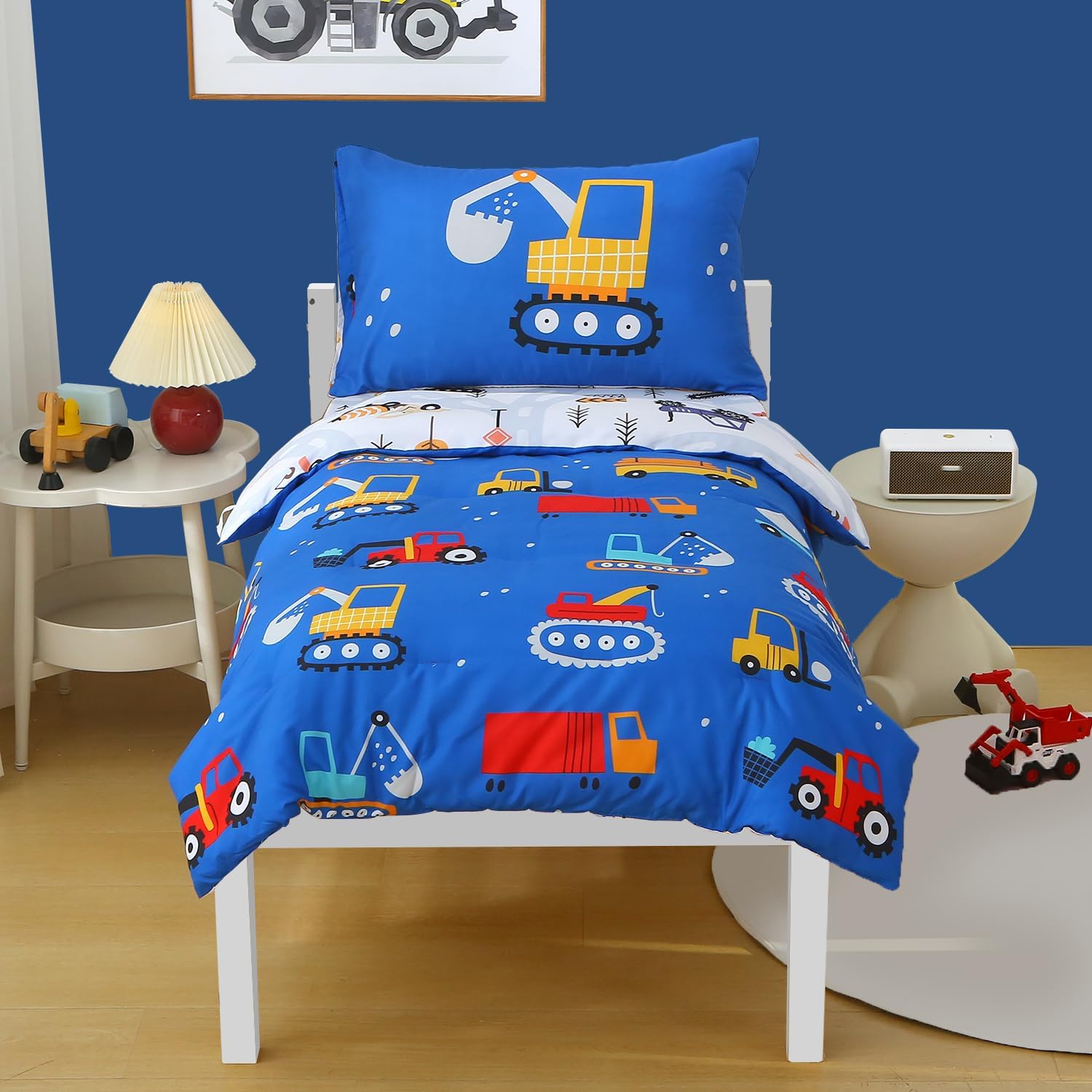 Blue Cartoon Car Construction Toddler Bedding Set for Boys, 4 Piece Reversible Truck Lightweight Toddler Comforter with Bed Sheet Set