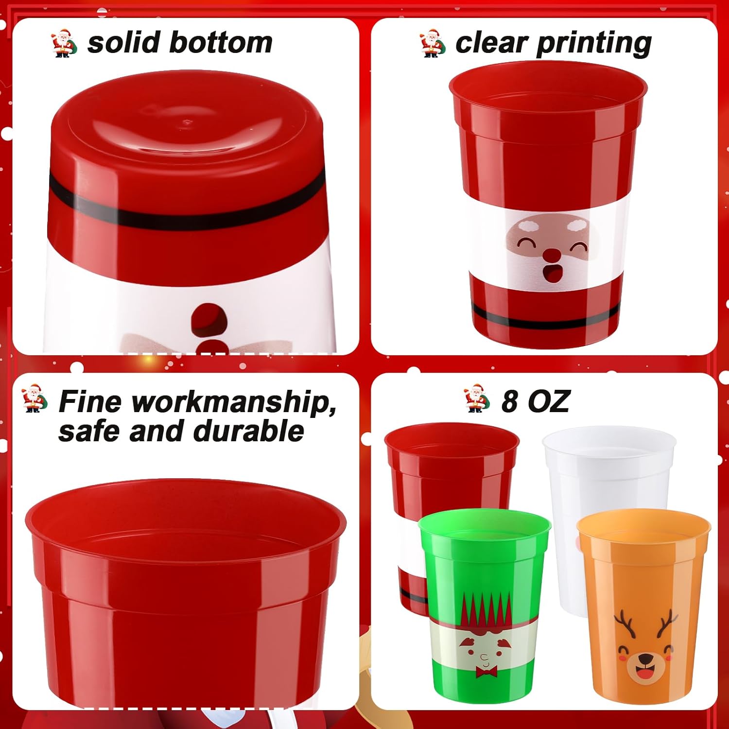 Sliner 24 Pcs Christmas Party Plastic Cups 8 oz Christmas Reusable Stadium Cups Holiday Elf Plastic Tumblers Santa Snowman Elk Face Design for Xmas Holiday Party Supplies - Image 3
