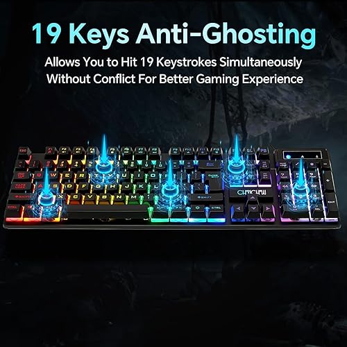 Miniatura 5 de CHONCHOW Combo de teclado y mouse para juegos, retroiluminación RGB con cable USB, teclado anti-ghosting de sensación mecánica 3200DPI, mouse