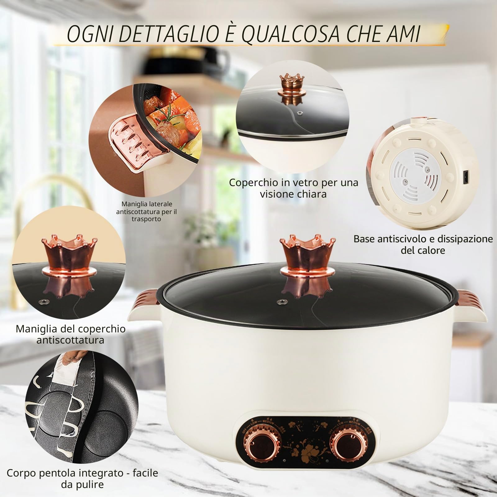 Hot Pot, pentola elettrica da 5 l, riscaldamento rapido, doppia manopola, 1350 W, rivestimento antiaderente, 3 livelli temperatura, zuppa pasta bistecca