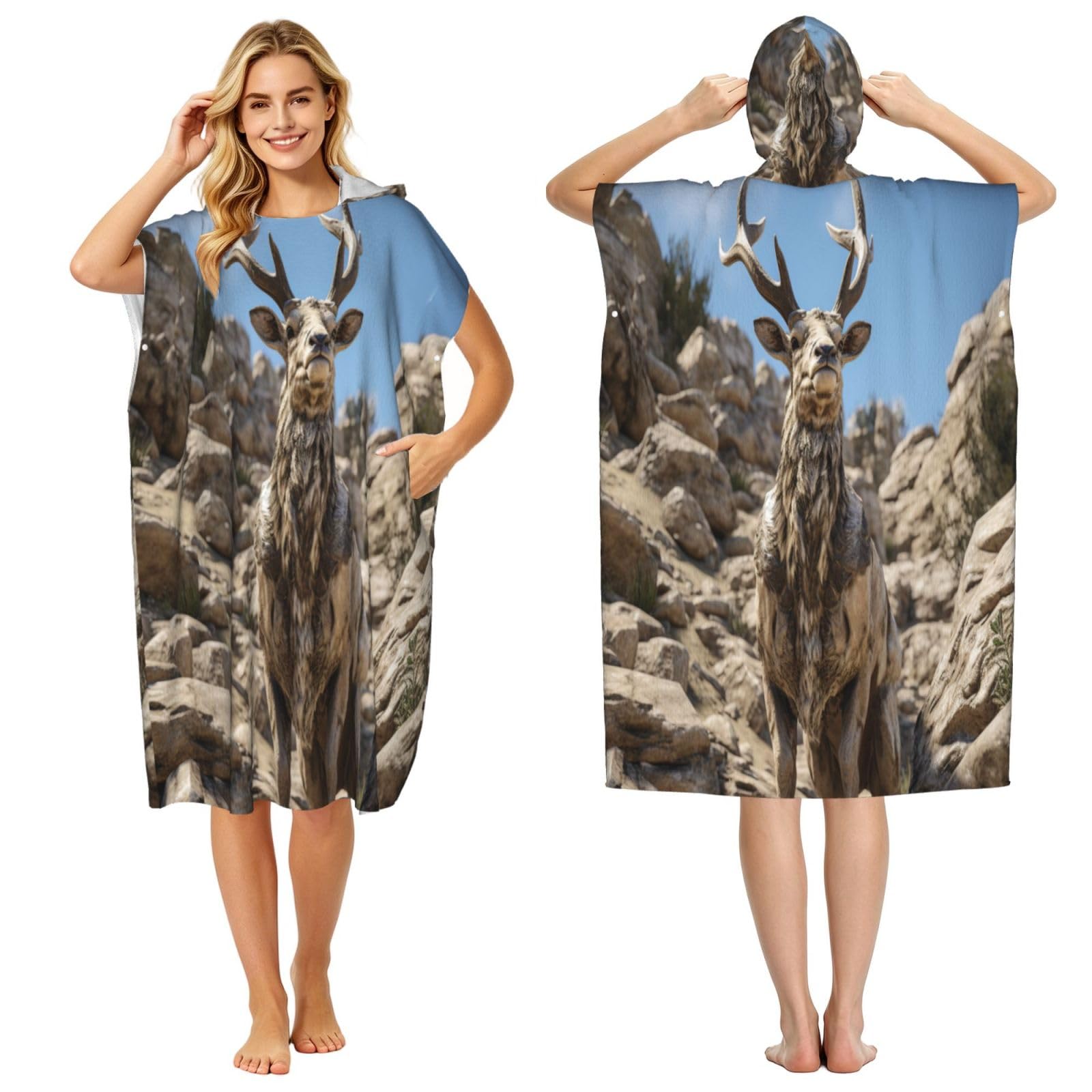 KLGRTJHK Deer On The Cliff Adult Hooded Beach Poncho Towel 43"X35"