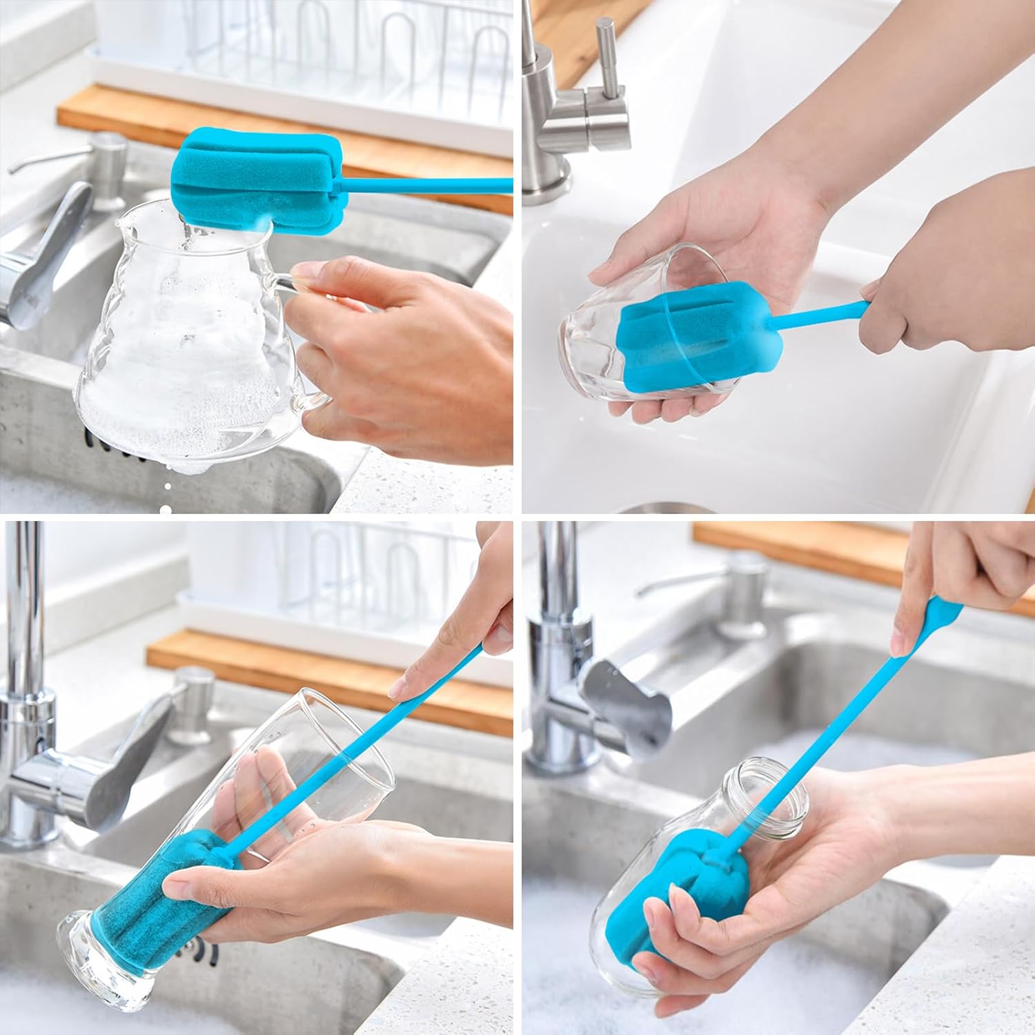 4PCS Blue Soft Sponge Bottle Cleaning Brush Plastic Handle Cup Scrubber Washing Brush vase Pot Cleaner (2 Size 10'15')