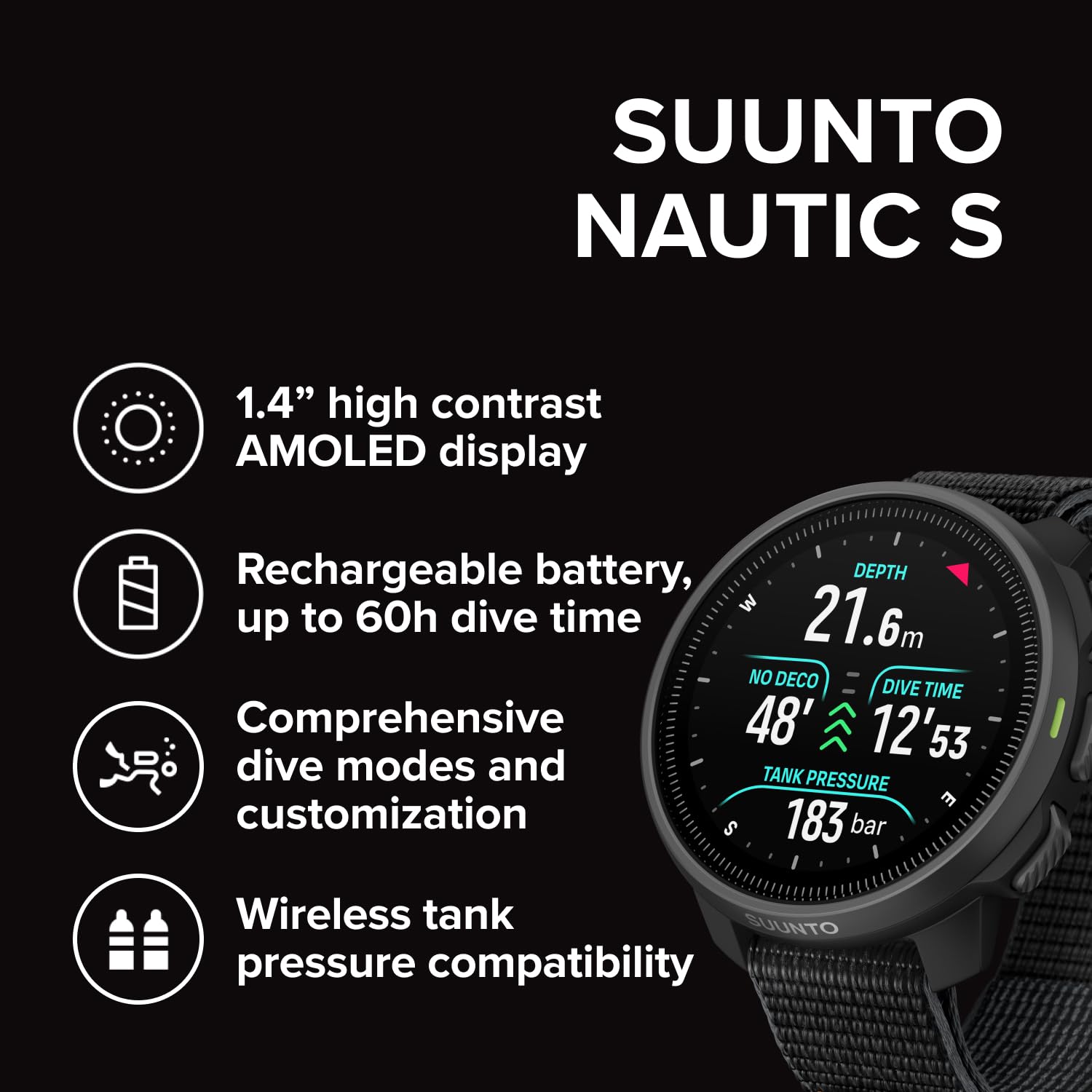 SUUNTO Nautic S Dive Watch Computer w/Bright AMOLED Display & SUUNTO Tank POD, Wireless Tank Pressure Transmitter