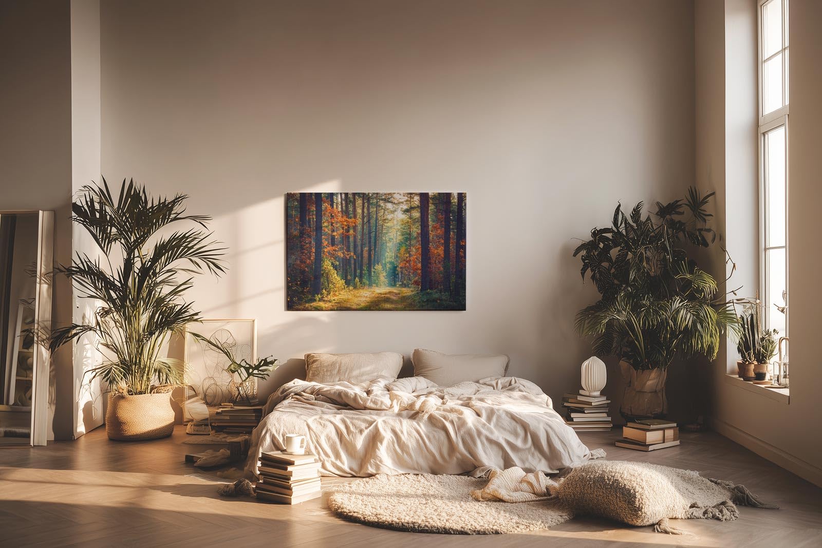 Sinus Art Wandbild 120x80cm Waldweg durch herbstlich gefärbten Wald mit Lichtspiel für gemütliche Raumwirkung