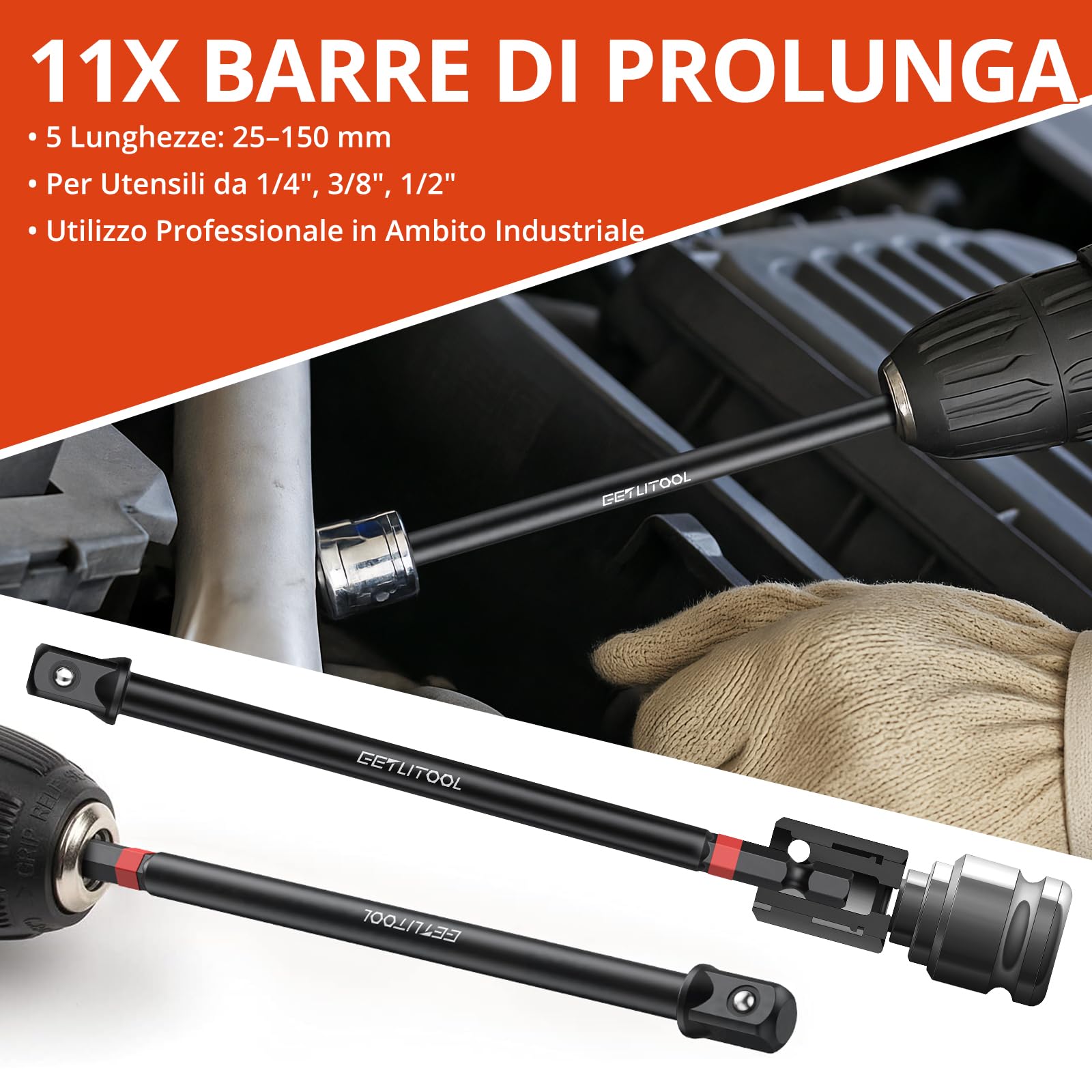 GETLITOOL Set 20PZ Adattatori per Bussole Chiavi in Acciaio, Include 11 Barre di Estensione 1/2+3/8+1/4 con Codolo 1/4-inch (25-150mm), 6 Adattatori F/M e 3 Giunti Cardanici 1/2" 3/8" 1/4"