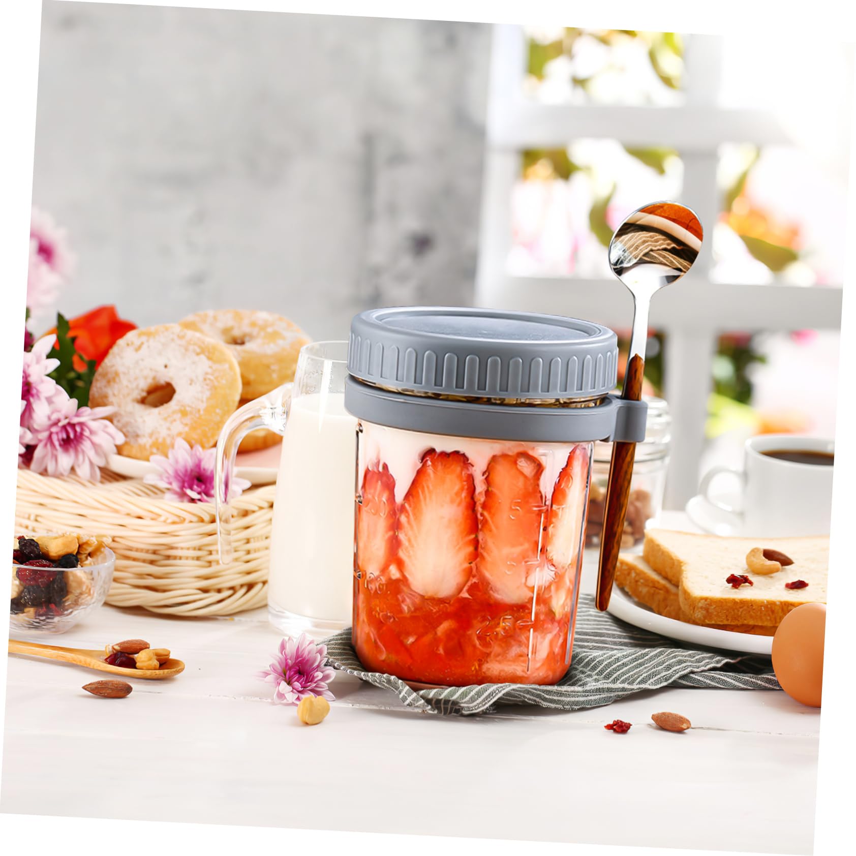 4 Stück Overnight Oats Behälter aus Glas 400ml mit Deckel und Löffel Vorratsdose Glas mit Holzdeckel Luftdicht für Küche und Dorm