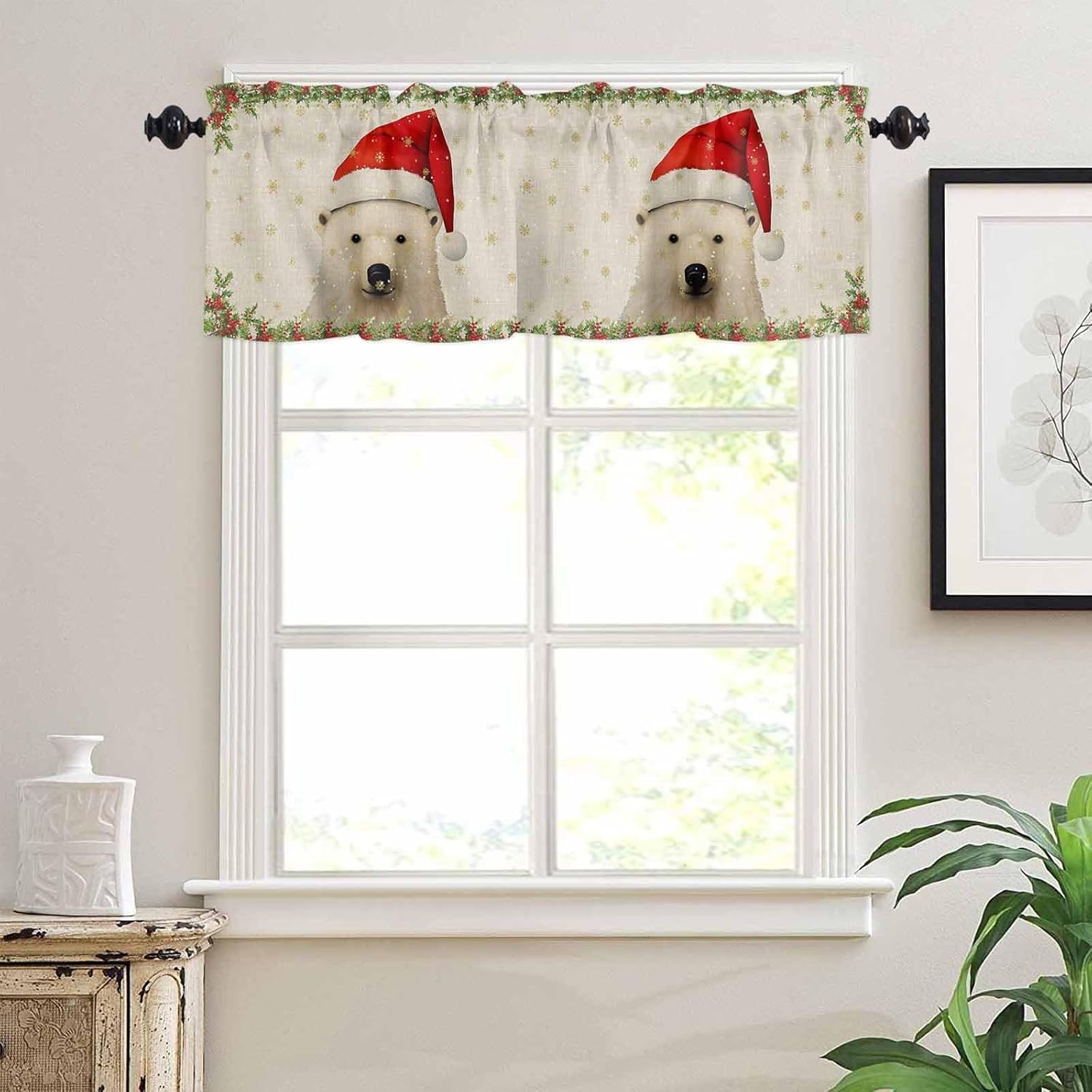 Curtain Valance 54" x 18", Merry Christmas Bear Window Valances Rod Pocket Curtains Drapes, Christmas Pine Burlap Short Topper Curtain for Kitchen Cafe Living Room, 1 Panel