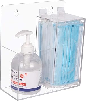 Acrylic Mask Dispenser & Hand Sanitizer Holder Stand Wall Mount or Countertop, Hygiene Station with 2 Compartment Clear Box Dispenser Holder for Face Masks, Gloves, Hairnets, Spray Bottle