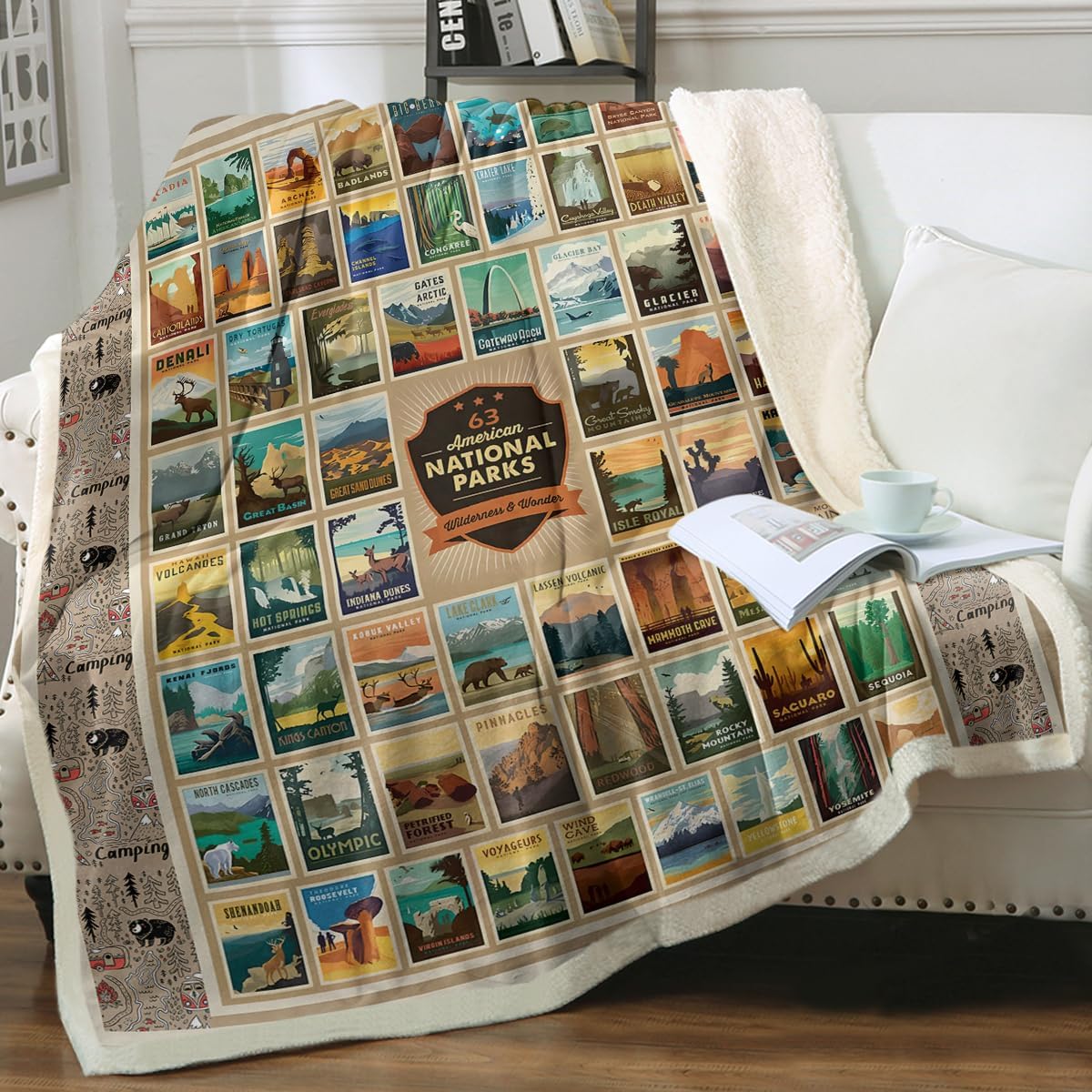 US National Parks Fleece Blanket: Parks Map Sherpa Throw Blanket - Vintage Fluffy Geographic Blankets for Couch, (Queen 90"x90")