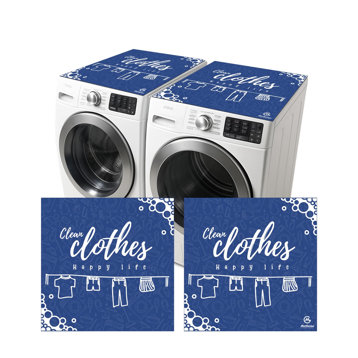 Photo 1 of (2pcs) Washer And Dryer Covers For The Top With Blue Design And Happy Life Words, Decorative Washer Dryer Countertop And Washing Machine Cover For A Cheerful Laundry Room (23 x 23 in)