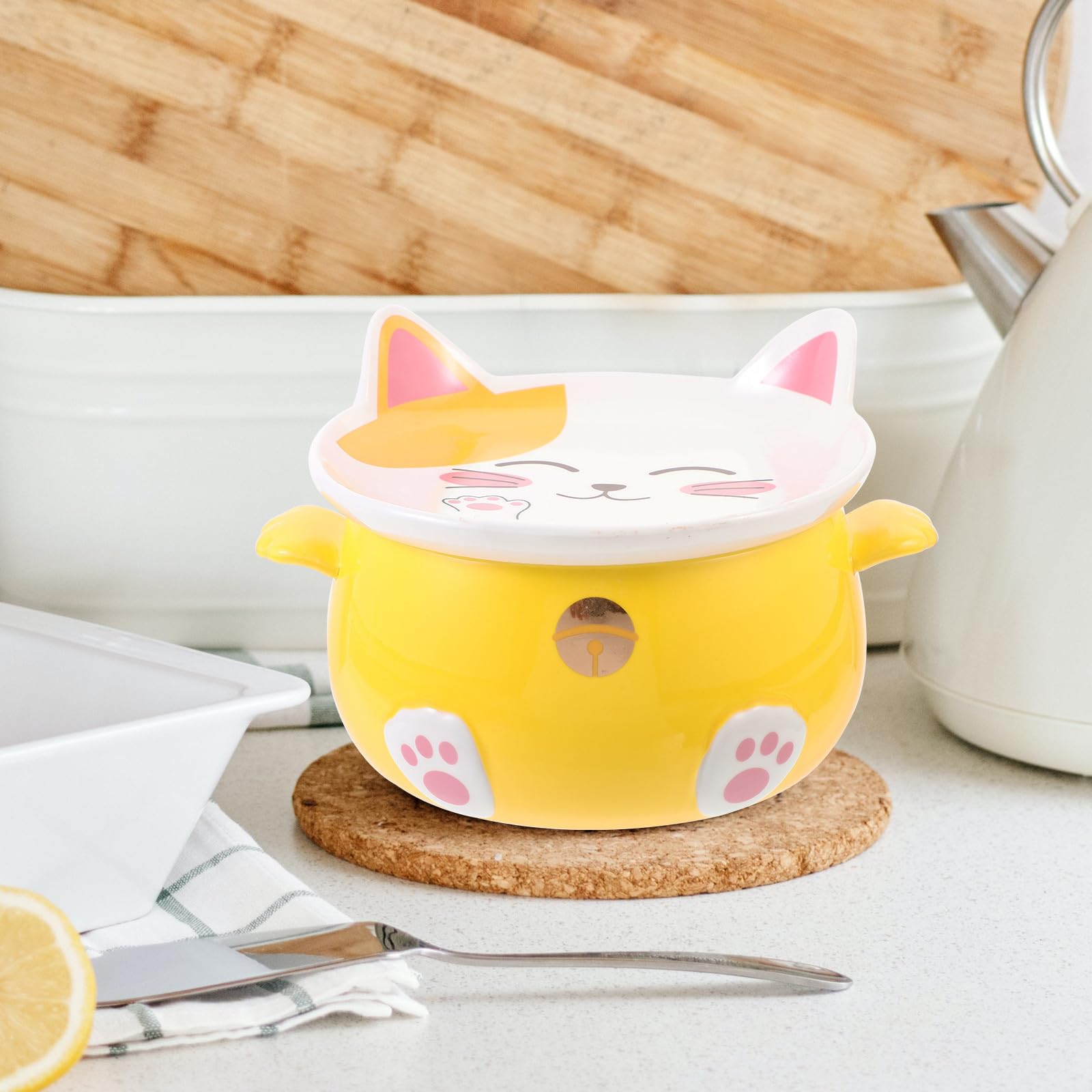 Tazón de Ramen de Gato de Cerámica Tapa, Multiusos para Sopa y Postre, Diseño Amarillo Borde Liso Adecuado para Uso en Casa