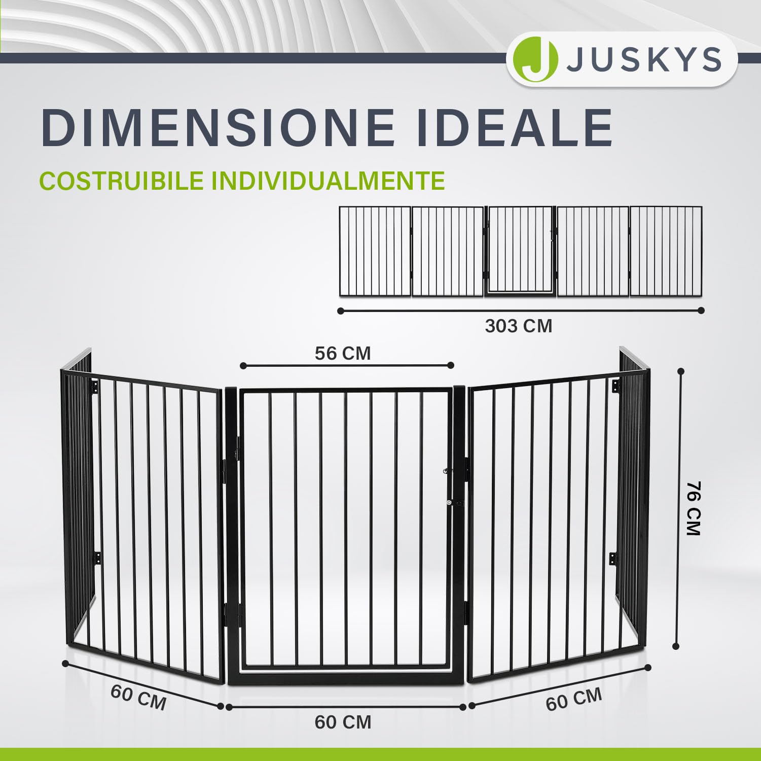 Juskys Parascintille in metallo 300 x 76 cm pieghevole - Griglia di protezione per animali - 5 elementi inclusa porta - Cancelletto di sicurezza