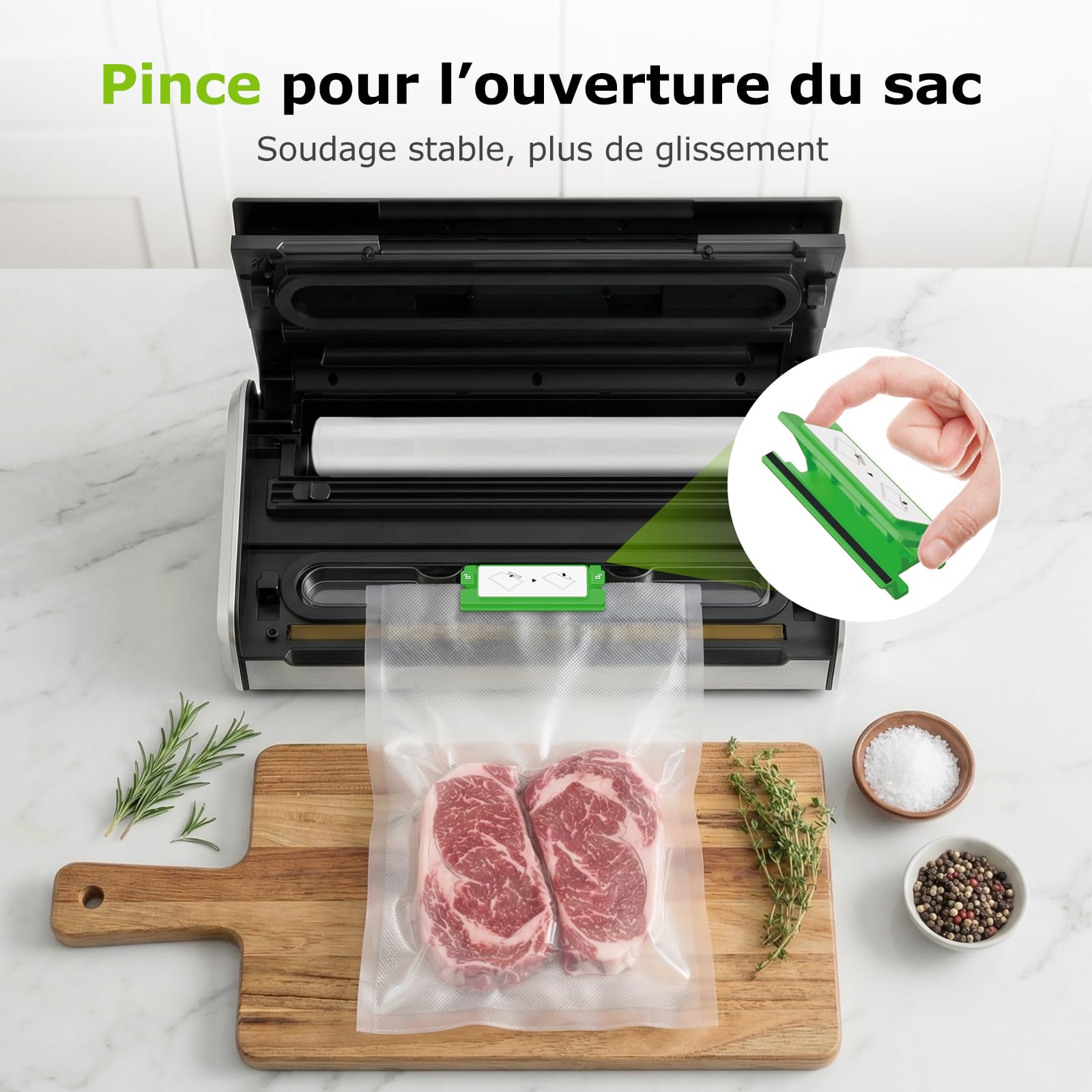Bonsenkitchen Machine Sous Vide, Soudure Large 5mm Anti-Fuite, Acier Inoxydable, Une Main & Pulse Sec/Humide, Machine Sous Vide Haute Performance incl. 1 Rouleau & 10 Sachets, VS4200