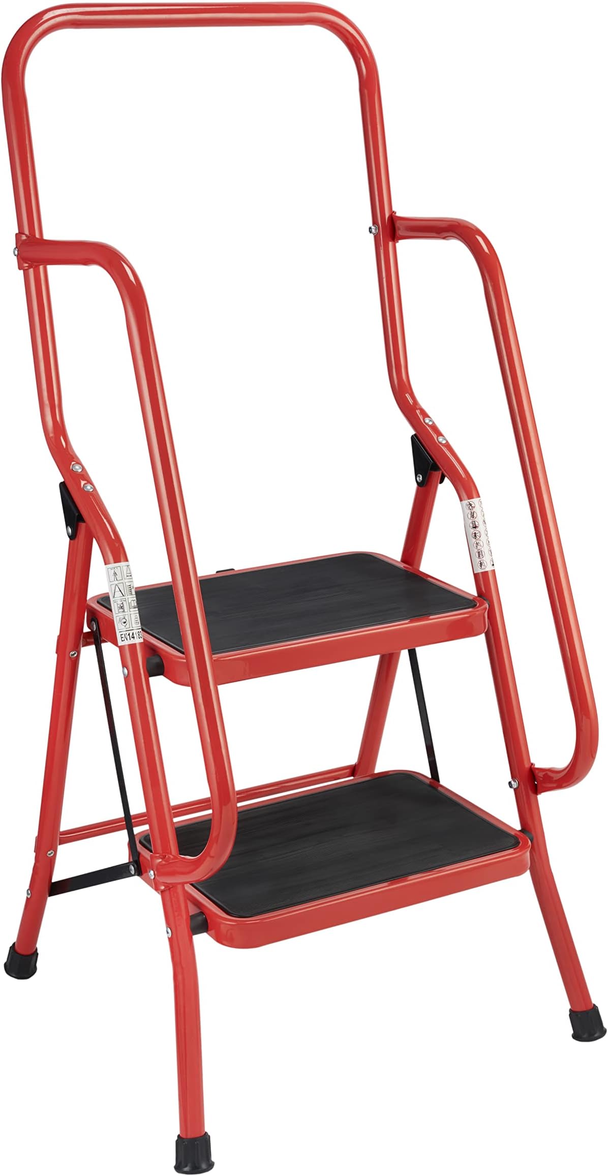 2 Step Safety Stepladder – Red Foldable Non-Slip Tread Ladder with Safety Hand Rails – 150kg Capacity Decorating Platform