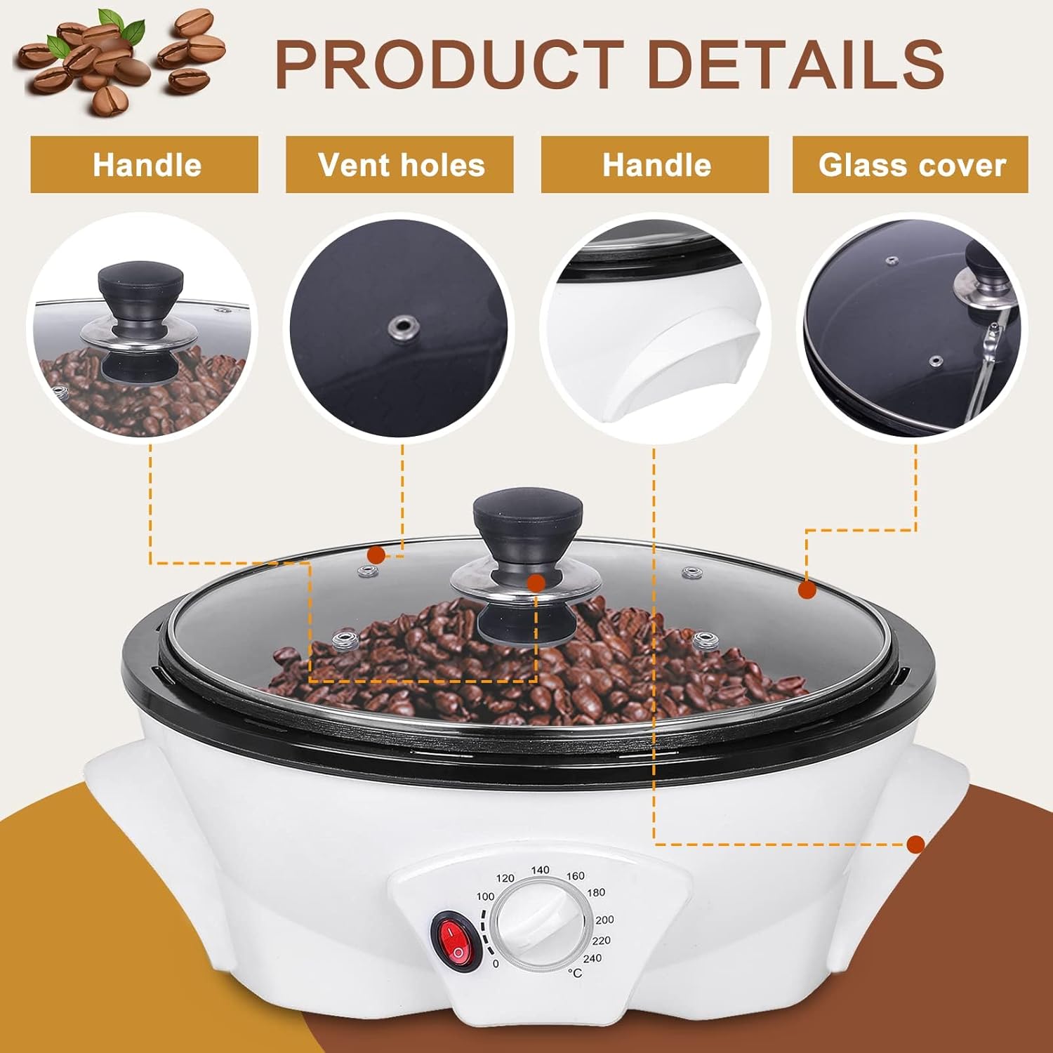 Electric Coffee Roaster Machine, 500g/17.6oz Coffee Bean Roaster for Home Use 0-240℃ Non-Stick Home Peanut Beans Roaster 800W 110V