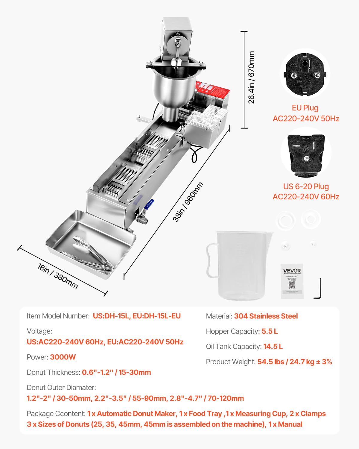 VEVOR Macchina Automatica per Ciambelle, Attrezzatura Commerciale per Ciambelle a 1 Fila, Macchina in Acciaio Inox Intelligente per Ciambelle con Stampi da 3 Dimensioni 90 Pezzi Ogni Ora