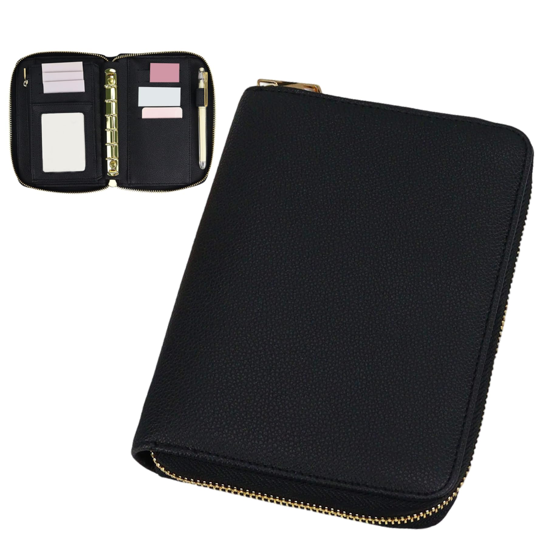 Portefeuille planificateur A7 en cuir PU avec fermeture éclair, organisateur rechargeable 6 anneaux
