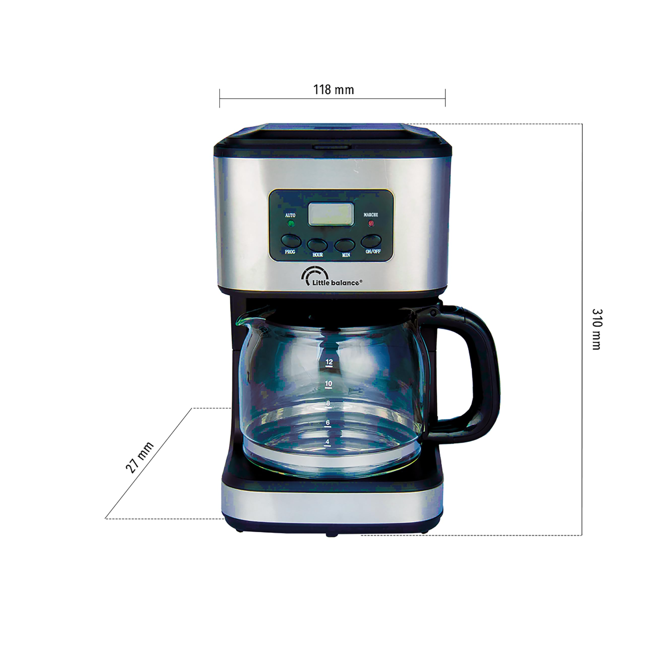LITTLE BALANCE 8630 Caffè Control, Caffettiera Filtro, Programmabile 24h, Caraffa in vetro, 12 tazze, 900 W, Finiture Inox, Nero