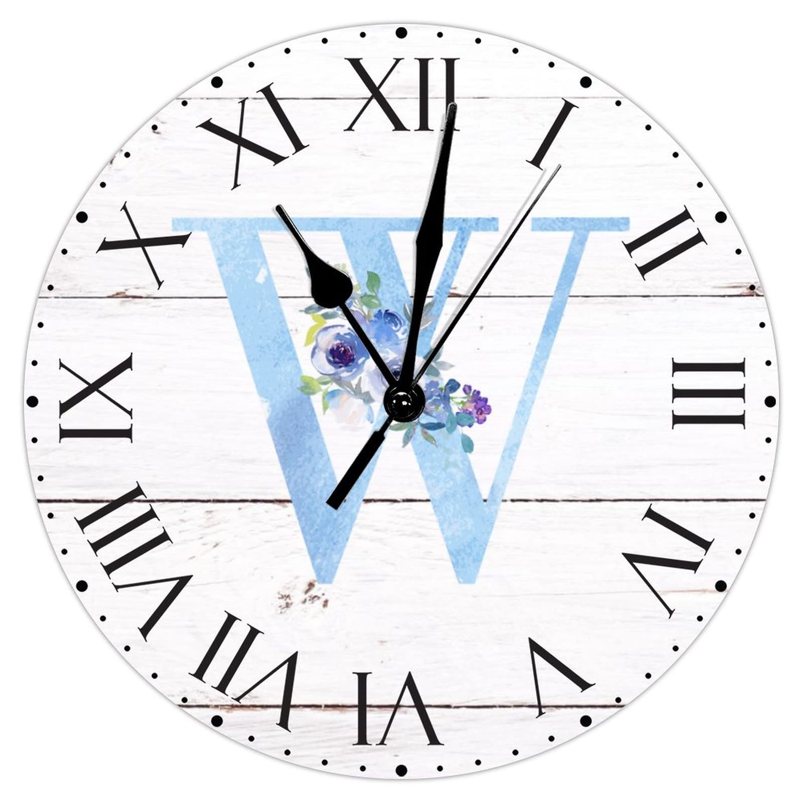 Horloge murale en PVC monogramme bleu floral 30 cm à chiffres romains rétro