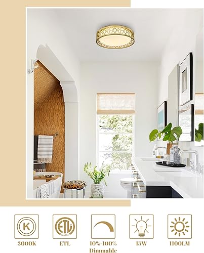 Miniatura 3 de VICNIE Lámpara LED de techo empotrada, 12 pulgadas, 15 W, 1100 lúmenes, luminarias de techo empotradas, 3000 K blanco cálido, acabado dorado con