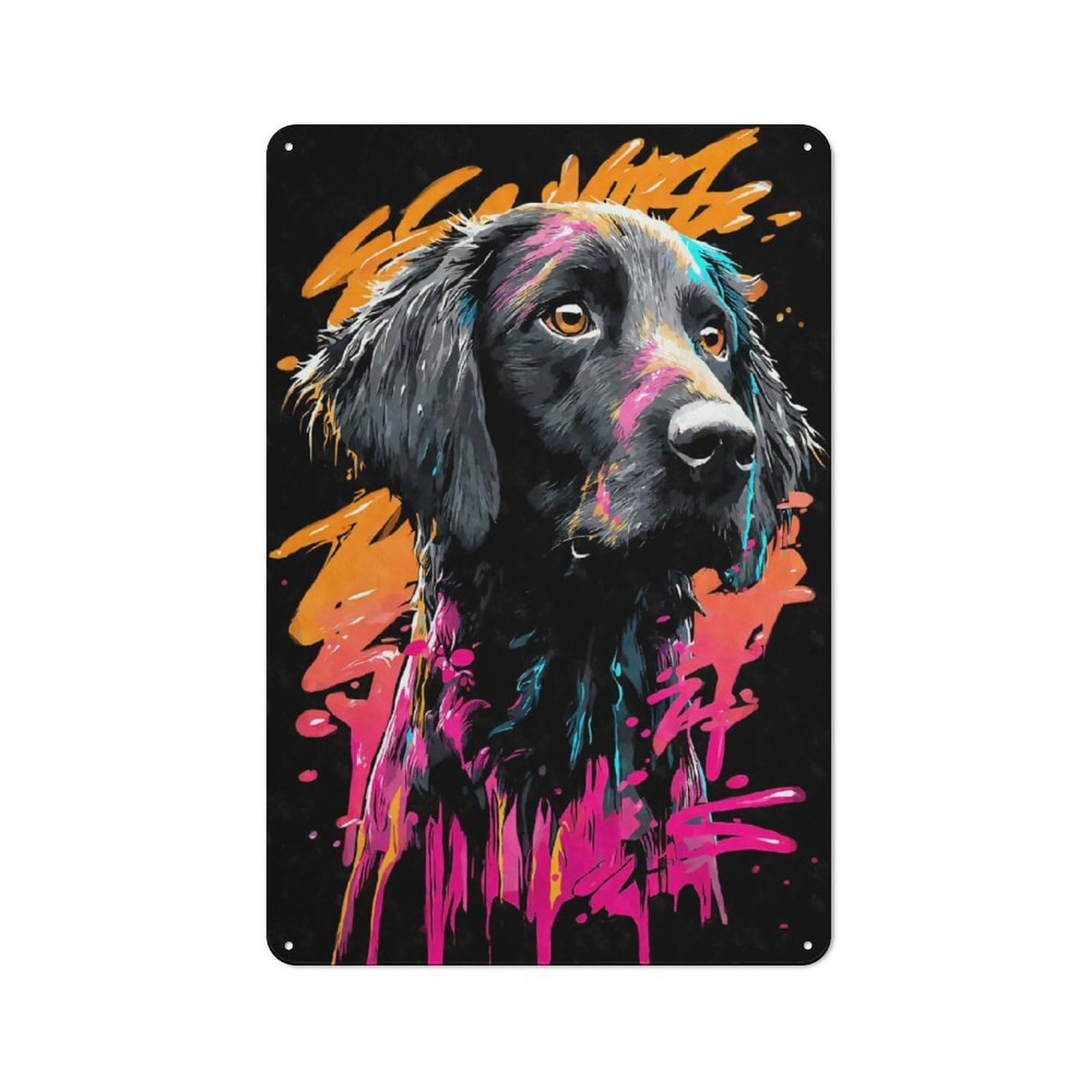 Junmoney Style-7 Vintage Metal Plaque 30X20cm Featuring Flat-Coated Retriever Graffiti For Home Bar Wall, A Metal Wall Feature For Home Bars And Entertaining Spaces