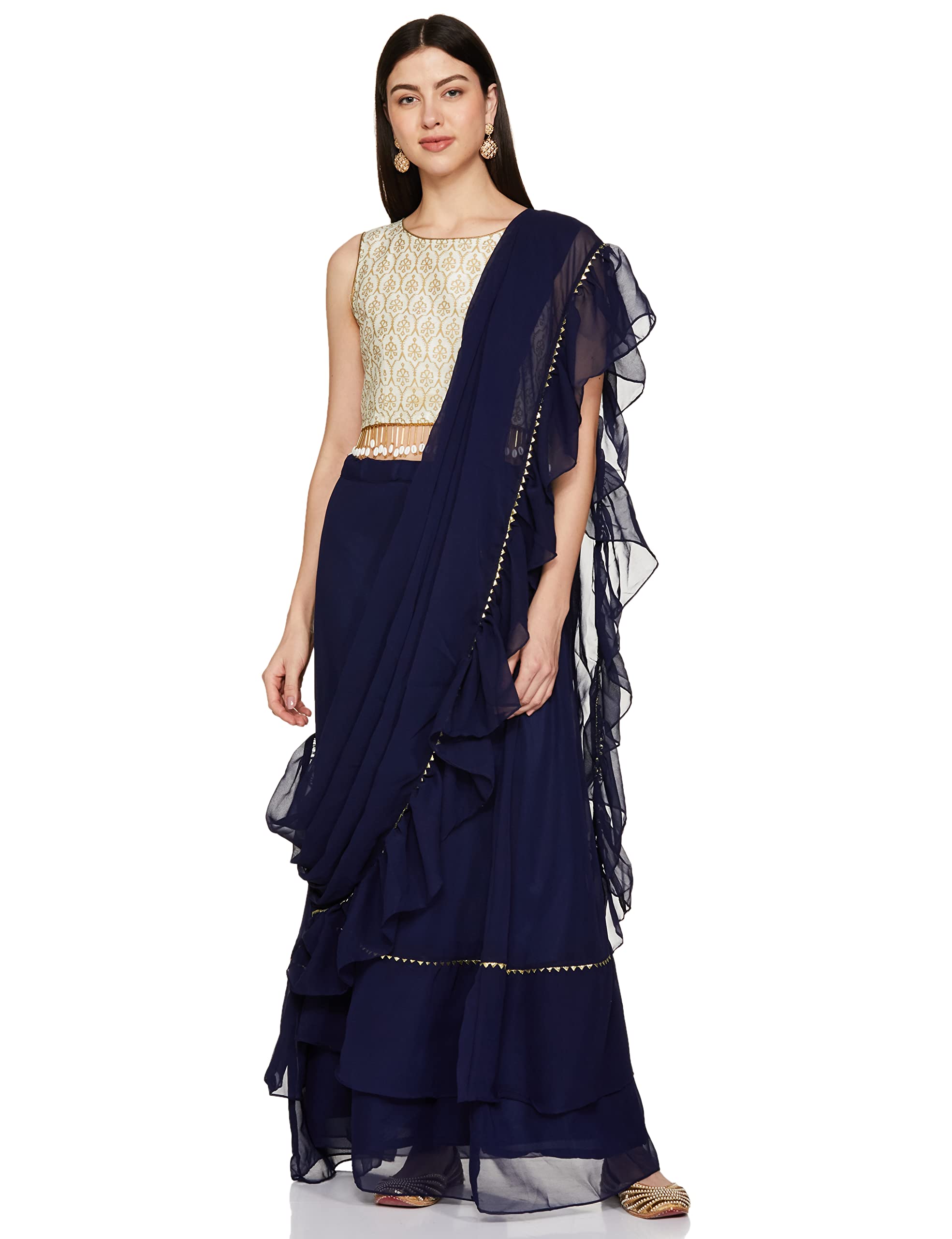 studio rasa Women's Georgette Embellished Tiered Lehenga Set With Attached Dupatta (LHSC12101S_Navy_Small)