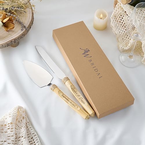 Miniatura 7 de AW BRIDAL Juego de corte de pastel rústico para boda, cuchillo de pastel de acero inoxidable con mango de madera personalizado aniversario despedida