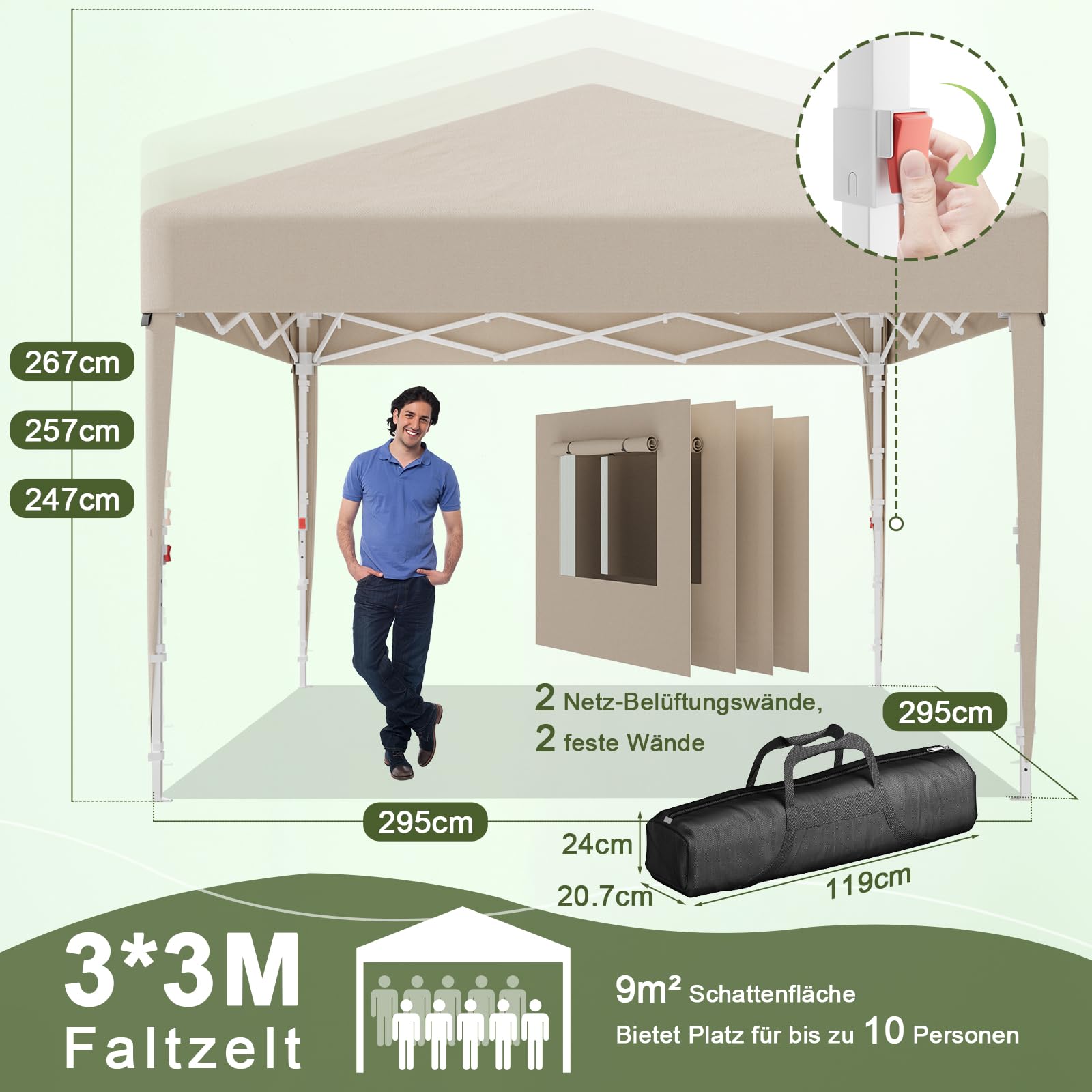 JUMMICO 3x3m Faltpavillon mit Insektenschutz & Belüftung｜Rollos + Lüftungsfenster｜1-Minuten Schnellaufbau｜10cm höhere Dachfläche,Beige