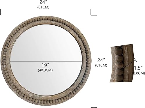 Miniatura 3 de Espejo circular de pared de madera redondo rústico de 24 pulgadas con cuentas, espejo decorativo de granja para sala de estar, dormitorio, cocina,