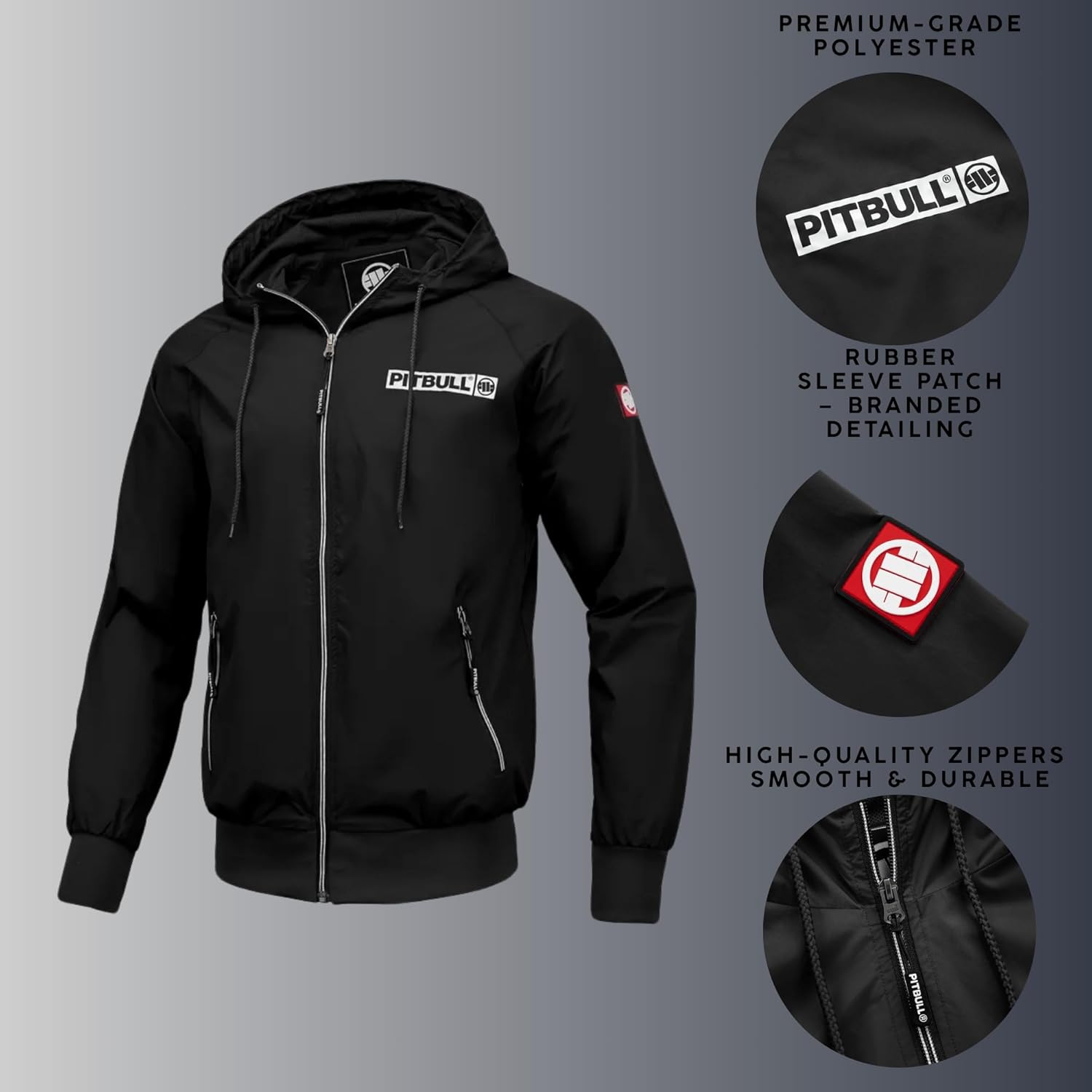 PITBULL - Men's Hooded Jackets Athletic Logo, Windproof Men's Transition Jacket for Outdoor Activities