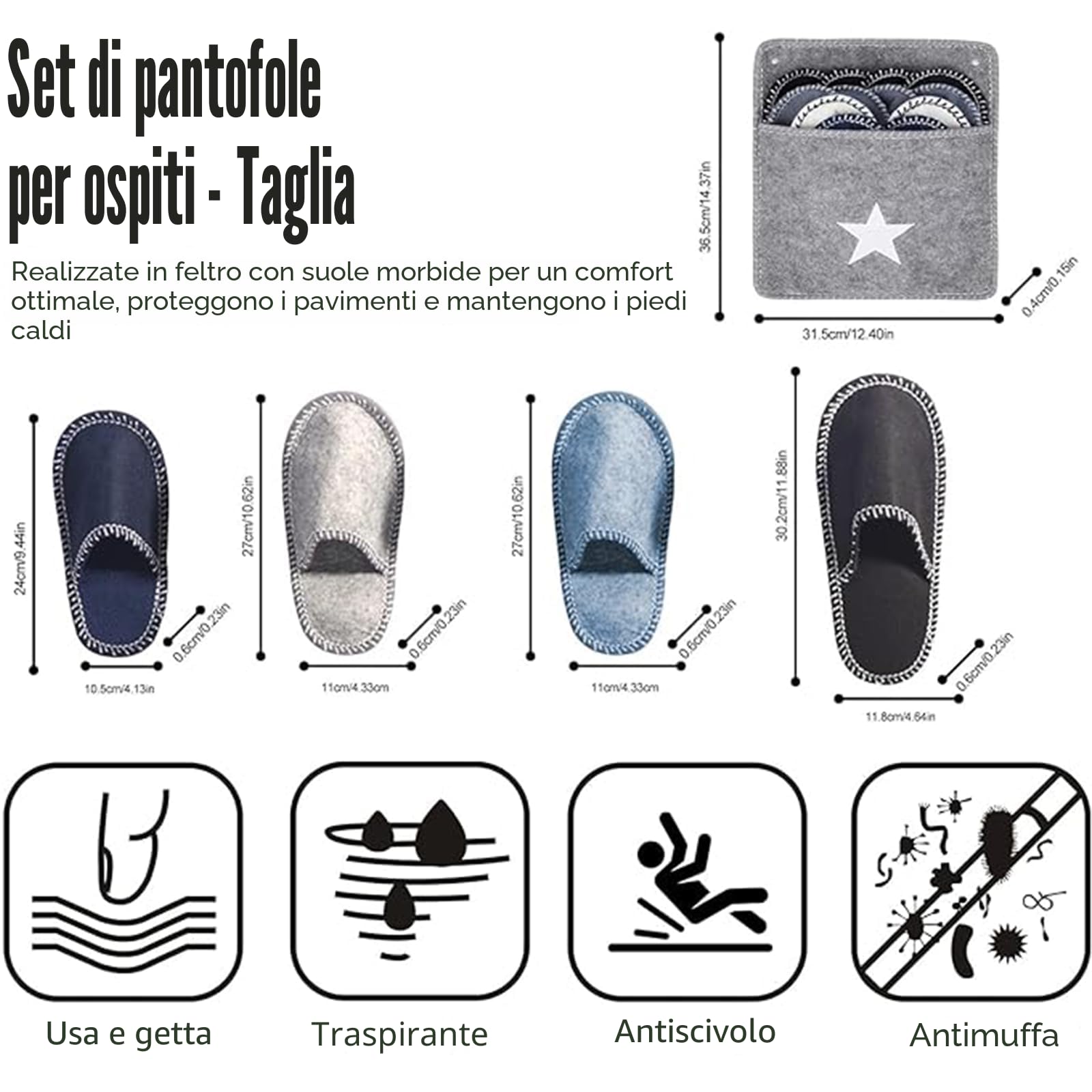 Pantofole per gli ospiti in feltro, set antiscivolo, pantofole antiscivolo con sacca di conservazione, pantofole per gli ospiti, taglia 36-45, ideali per famiglia, hotel, viaggi