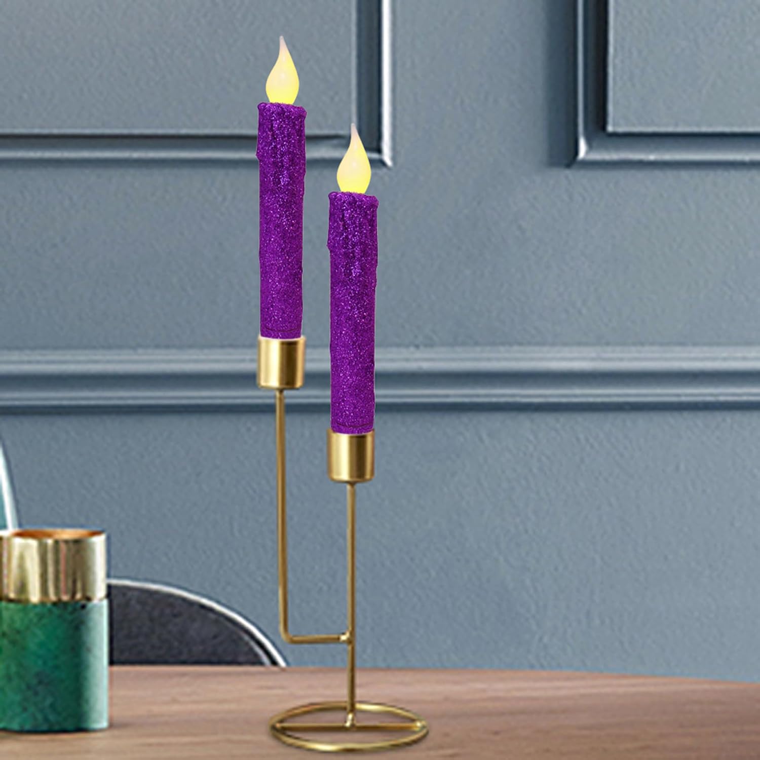 CVHOMEDECO. Glitter Flameless Candles Flickering Battery Operated LED Taper Candles with Timer for Home, Wedding, Halloween, Christmas Decor. Purple, 6-3/4 Inch, Set of 2