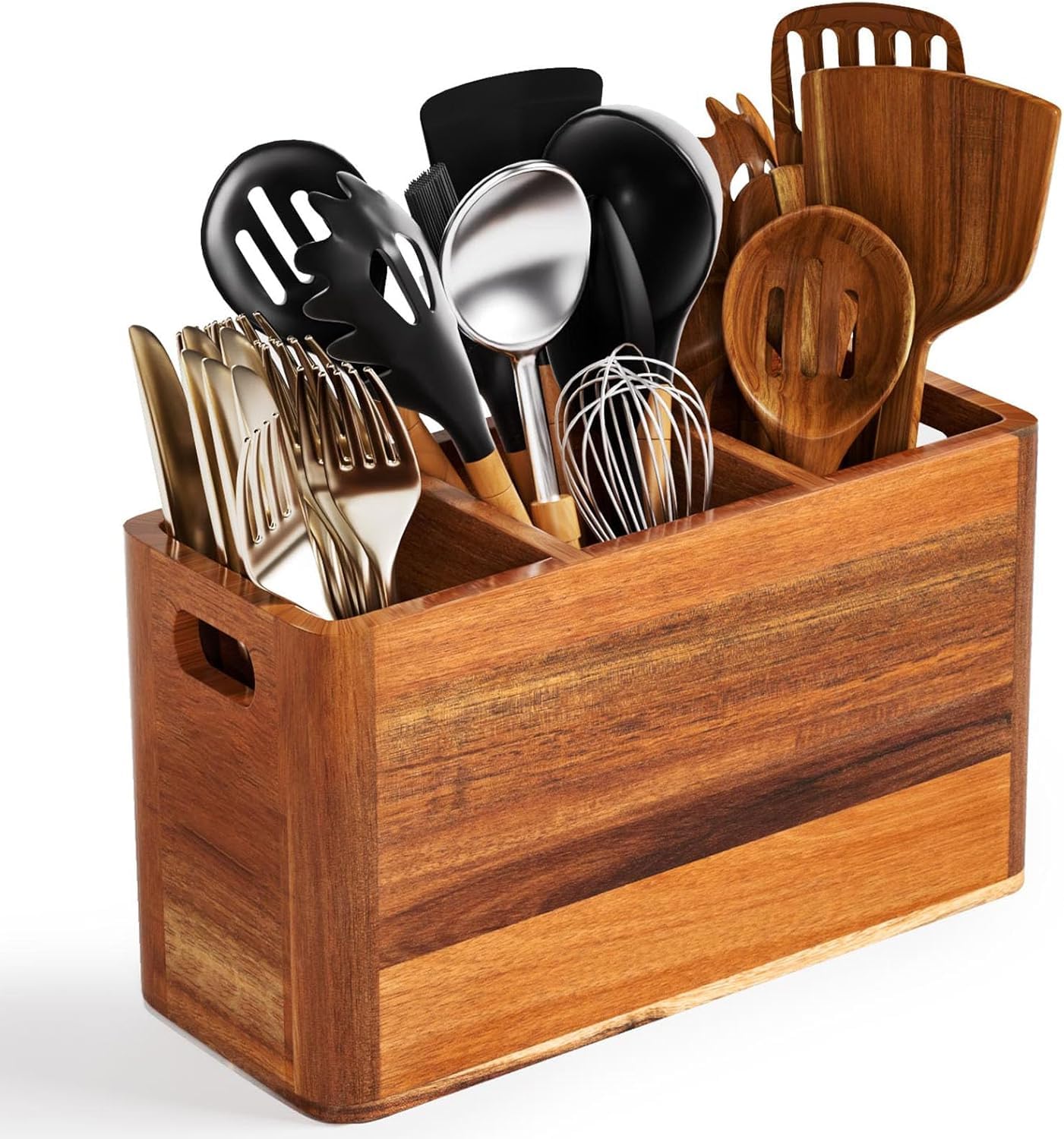 Bote para Utensilios de Cocina Madera, Portarcubiertos de Madera con 3 Compartimentos Recipiente para Utensilios de Cocina para Cucharas, Horquillas, Cuchillos y Almacenamiento de Utensilios