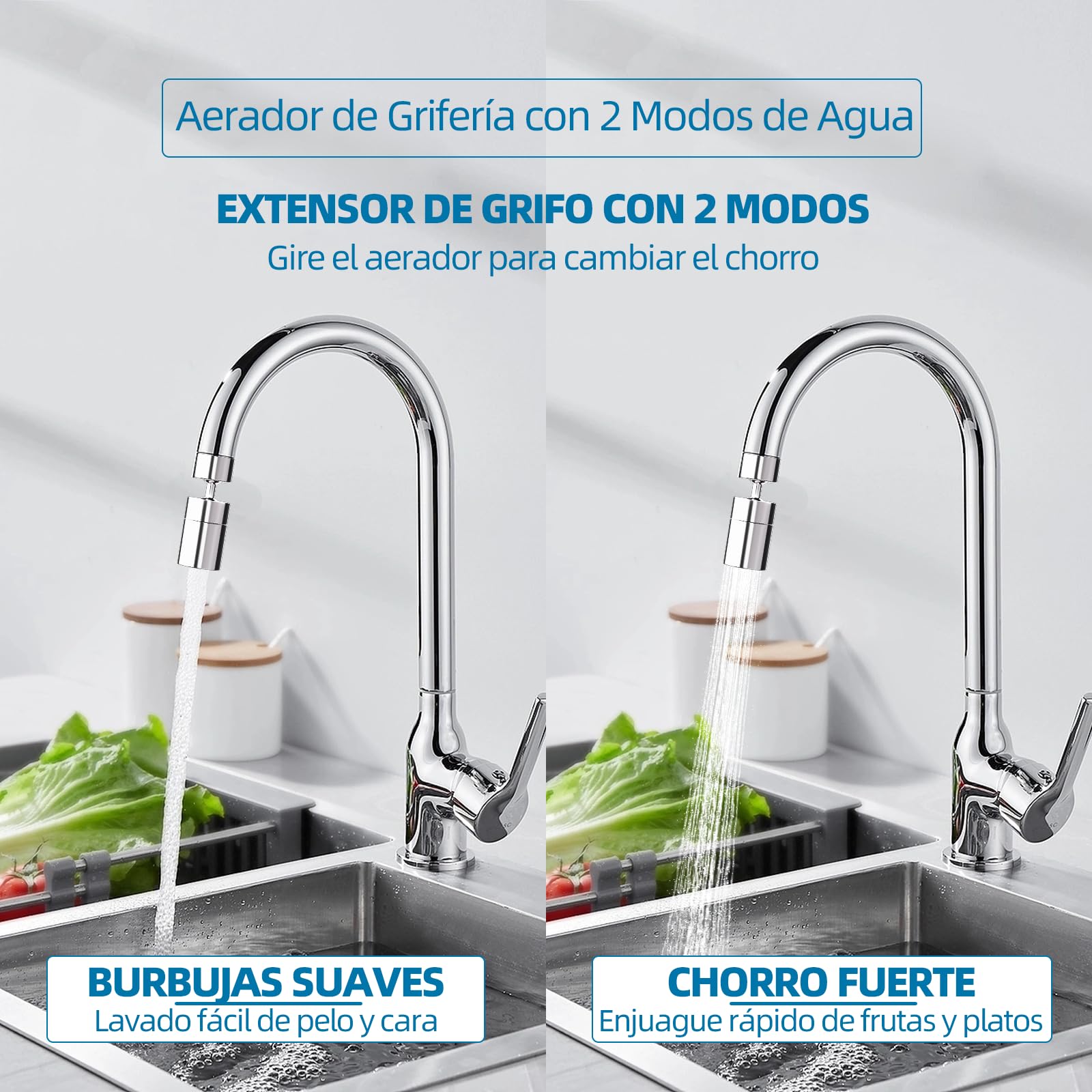 Esufeir 360 Giratorio Aireador Grifo Cocina FM22/M24 con Adaptador,Extension Difusor Atomizador Fregadero,Boquilla Cabezal Filtro Extensor Grifo Lavabo,Alargador Alcachofa Dosificador Acople Ducha - 2