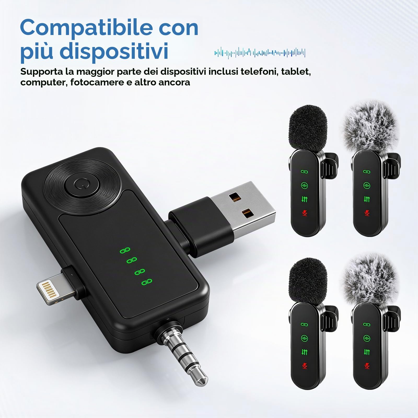 Microfoni Lavalier wireless con display a LED, confezione da 4 microfoni Lavalier con clip per accoppiamento automatico, mini microfono con riduzione del rumore per registrazione video Vlogging TikTok