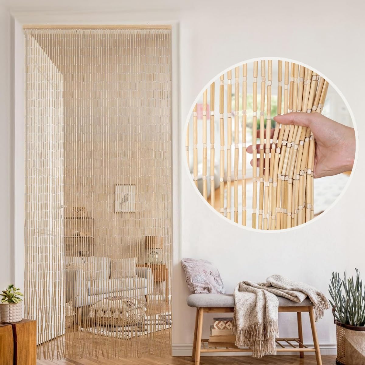 Rideau De Porte En Perles De Bois Naturel Et De Bambou 70x180cm 90x200cm 100x200cm 120x200cm Fait À La Main Perles De Bambou Et De Bois, Pour Chambre Balcon Diviseur Décoratif(Natural,120x200cm)