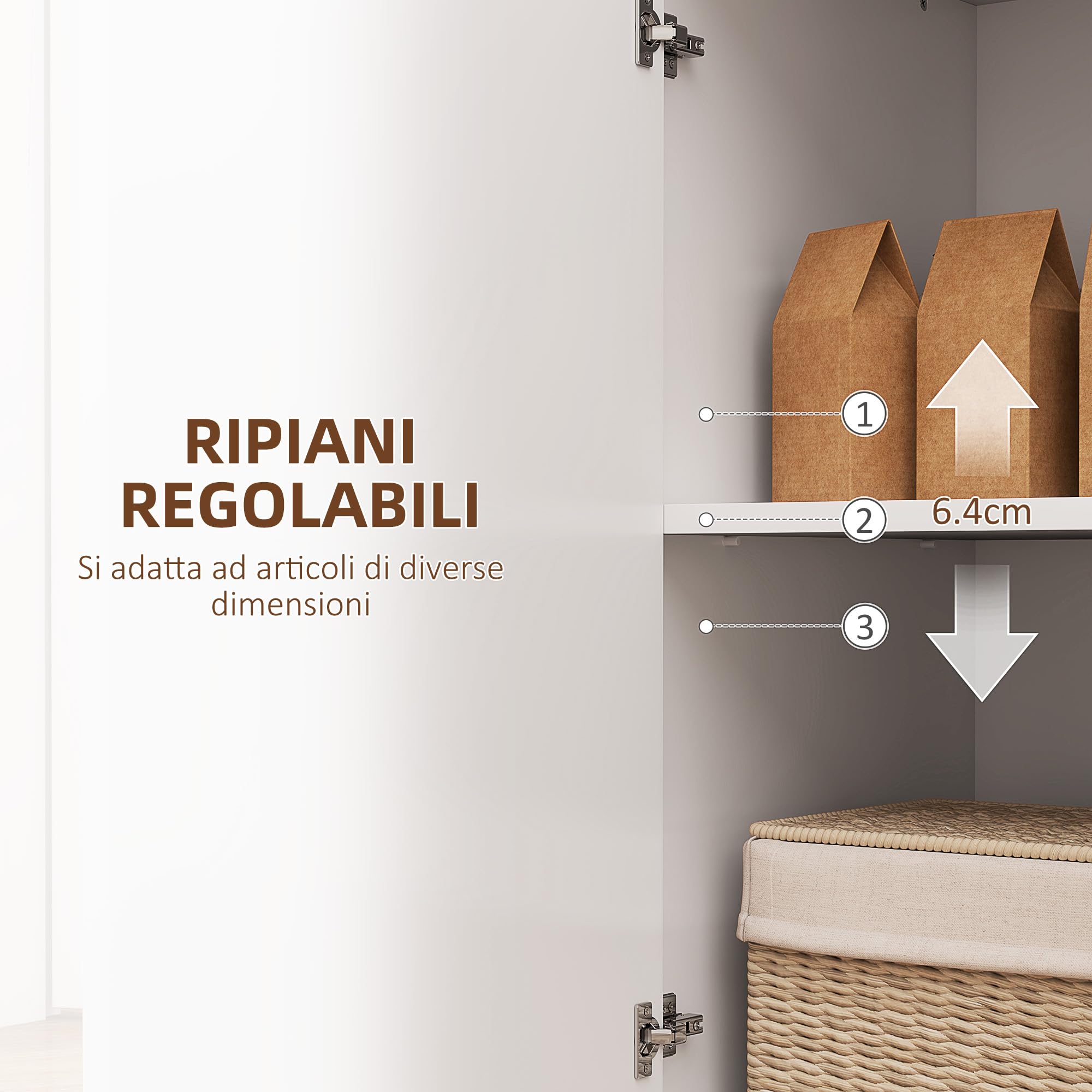 HOMCOM Credenza Cucina Bassa con Ante Ammortizzate, Mobile Buffet con 2 Armadietti, Scaffale Aperto, 2 Fori Passacavi, Ripiano Regolabile e Sistema Antiribaltamento, Bianco
