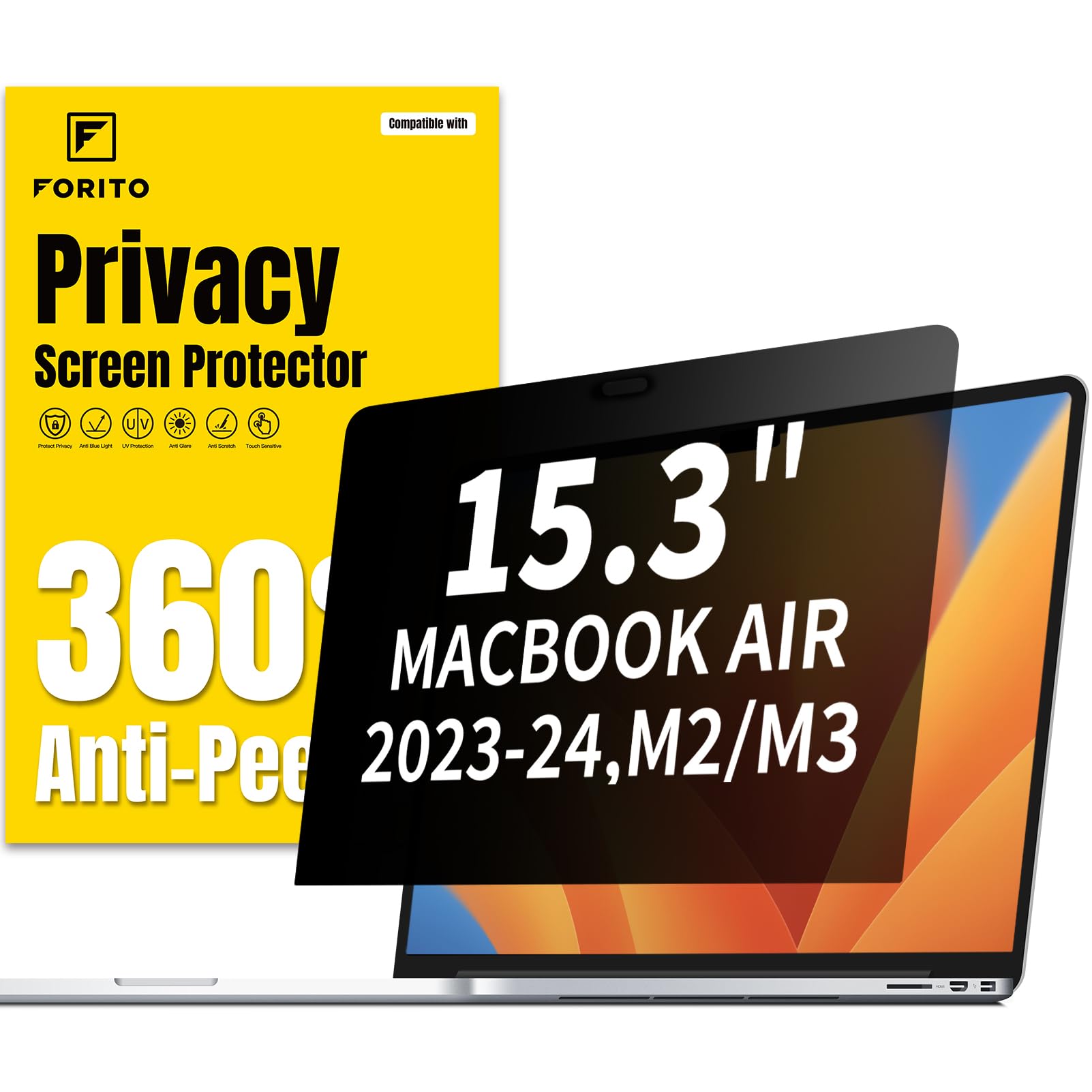 F FORITO 360° Privacy Screen Protector Compatible with MacBook Air 15.3 inch (2023-2025, M2, M3, M4), Anti Peeping and Anti Glare Laptop Privacy Screen ShieldClimatePartner certified