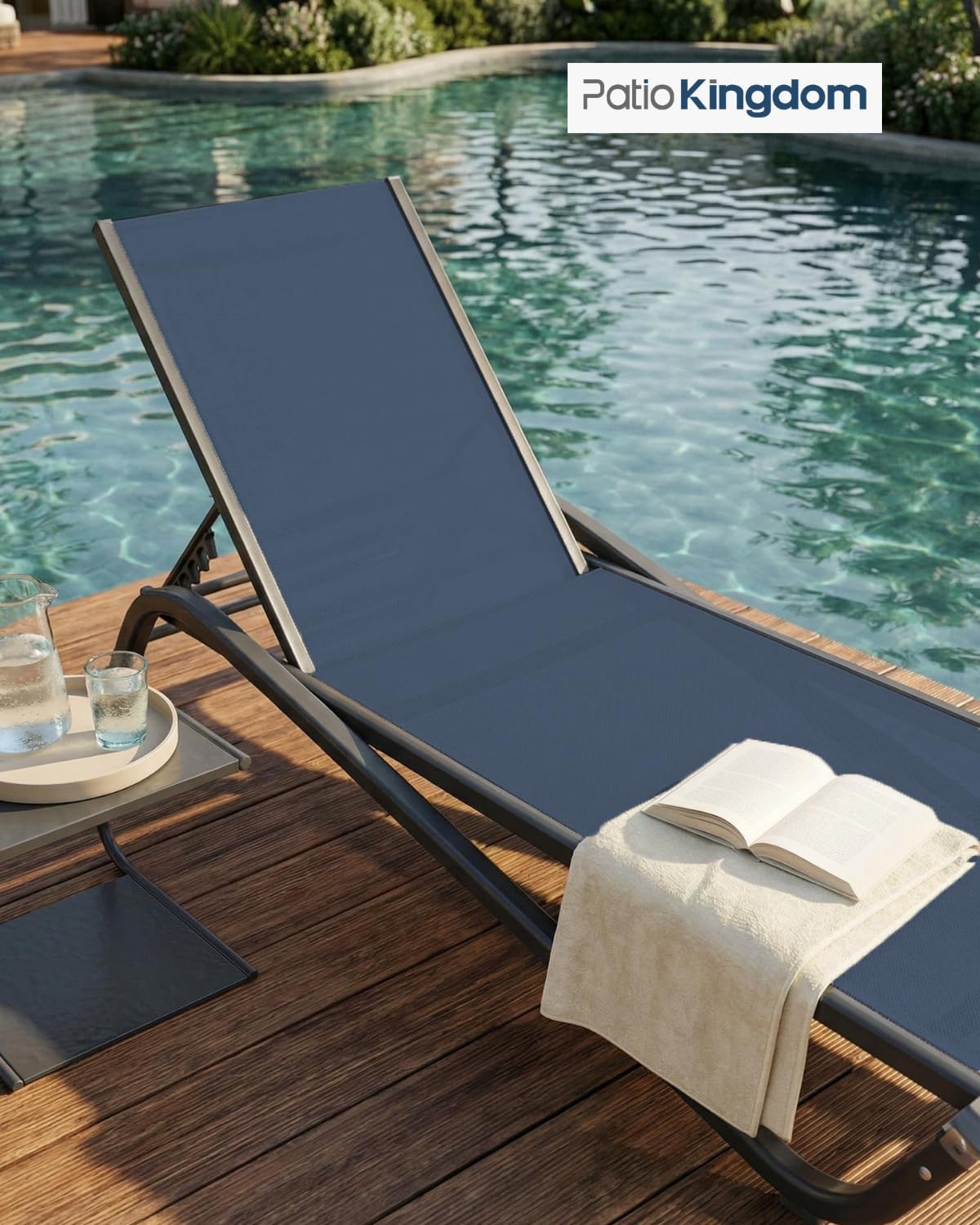 Set of 2 Patio Chaise Lounge Chairs, All-Weather Aluminum Pool Loungers for Outside, 5-Position Adjustable Sunbathing Chair for Deck, Backyard & Poolside, Rust-Proof, Navy Blue