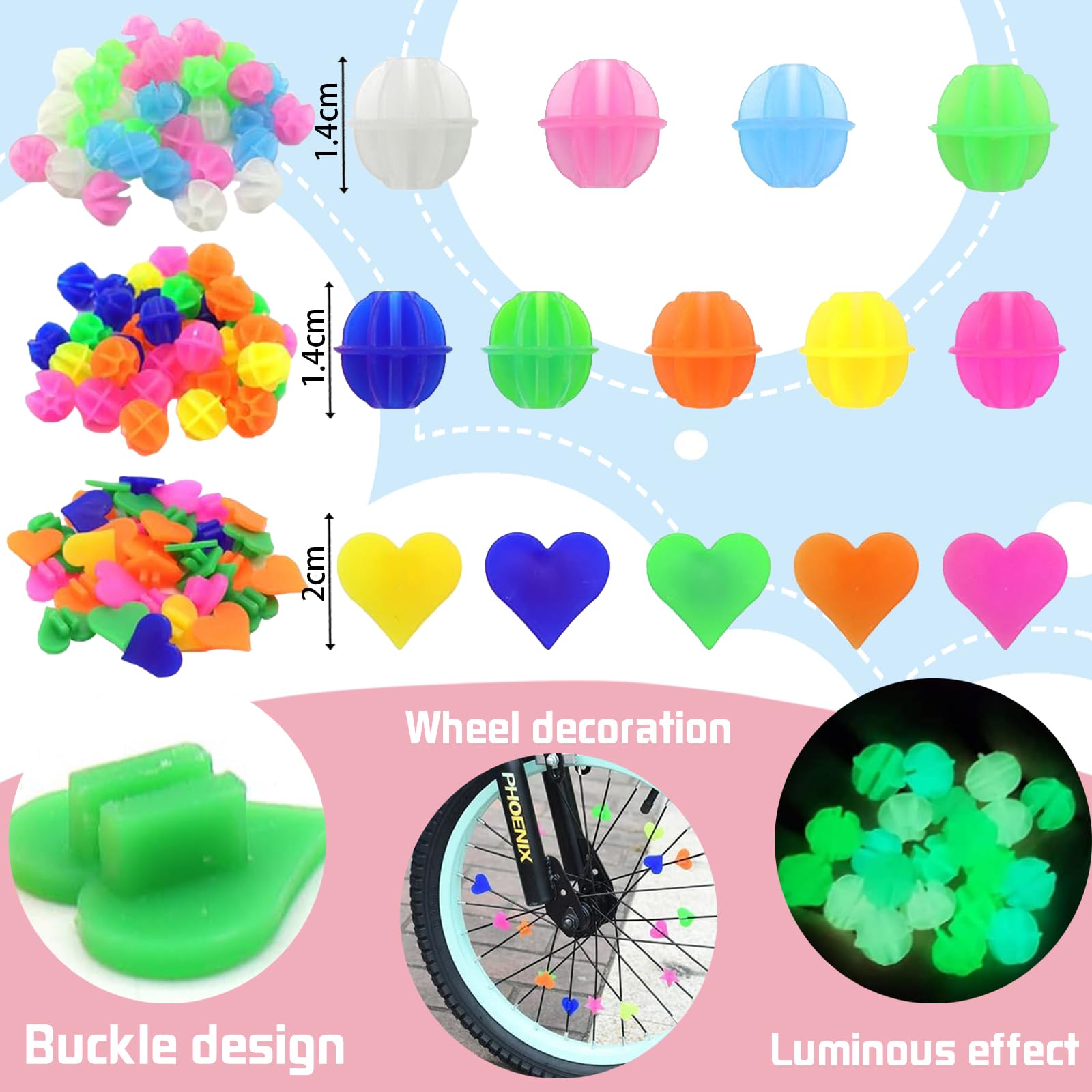 Tenbrachian 240 Pezzi Decorazione per Raggi della Bicicletta, Accessori Bici Bambina Bambino, Colorate Perline per Raggi delle Ruote, Riflettenti Accessori per Bicicletta (Rotonde, a Stella, a Cuore