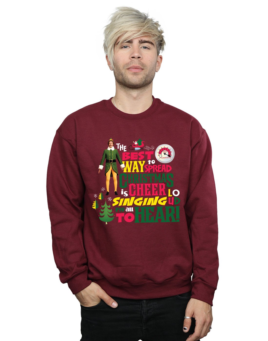 Elf Men's Christmas Cheer Sweatshirt X-Large Burgundy