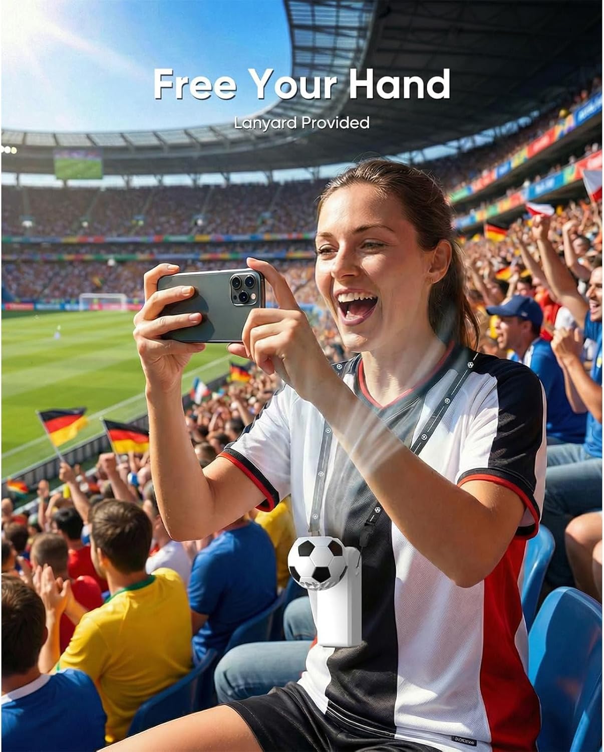 Portable Handheld Turbo Fan with Ice Cooler, Soccer-Shaped, Rechargeable, 180° Adjustable, Mini Pocket Fan for Travel, Outdoor, Office (Black)