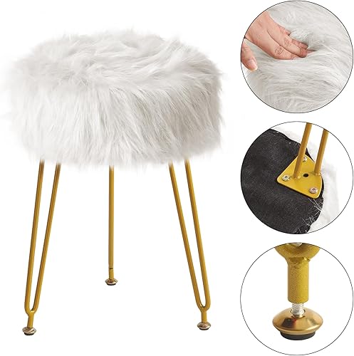 Miniatura 6 de IBUYKE Silla Taburete de Tocador de Piel Sintética, Otomana Taburete de Maquillaje Peludo, Asiento Acolchado Suave, Reposapiés Redondo Taburetes con