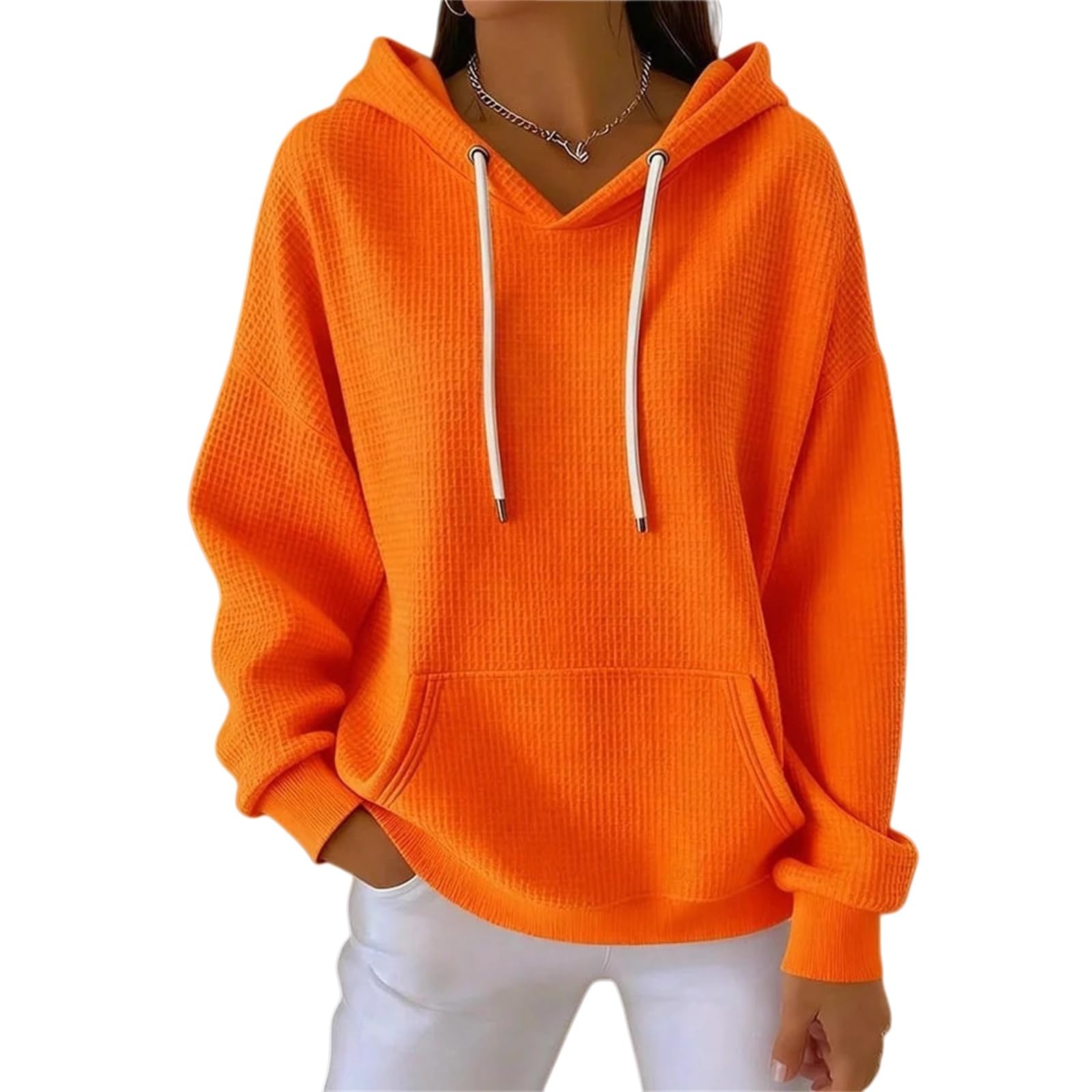 Damskie bluzy z kapturem na wiosnę jesień waflowe bluzy ze sznurkiem prążkowany sweter z dzianiny moda plus codzienne zimowe topy
