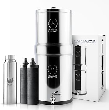 PHOENIX GRAVITY 12-Liter Stainless Steel Gravity Water Filter | NSF/ANSI 42 & 372 Certified | 2 Smart Carbon Cartridges Included | No Electricity or Plumbing Needed | Clean, Healthy Drinking Water