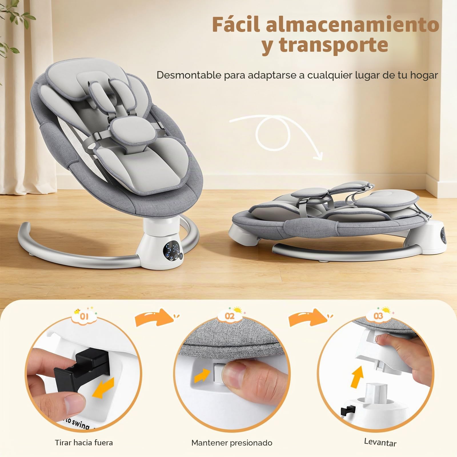 Hamaca Eléctrica para Bebé con Mando a Distancia y App,Mecedora con 5 Velocidades de Balanceo,3 Temporizadores,Arnés de 5 Puntos,2 Posiciones del Asiento,Silla Mecedora para 0-9 kg de Bebé-Gris