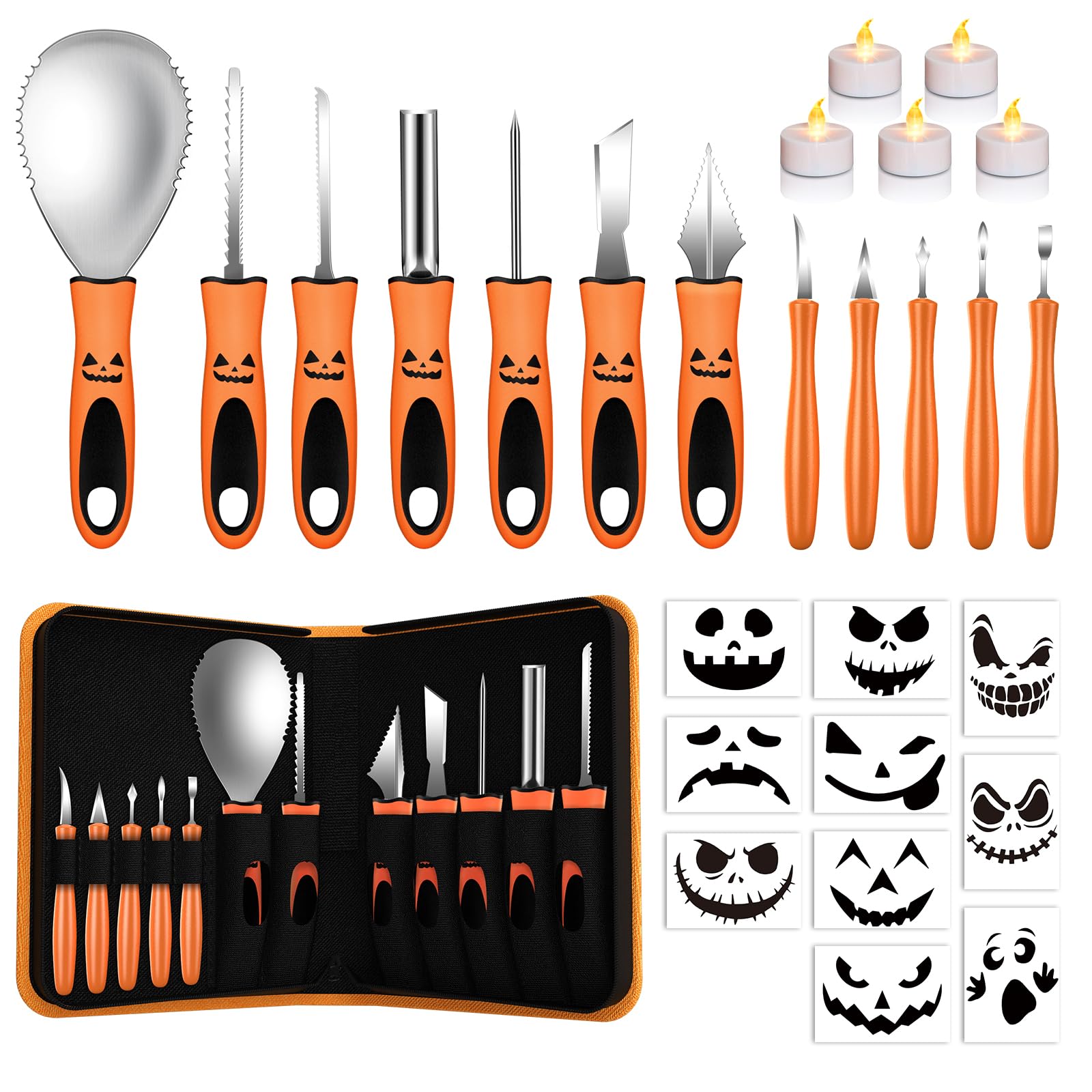 QcoQce Halloween Kürbis Schnitzset, 12PCS Edelstahl Kürbis Schnitzwerkzeuge DIY Sculpting Kürbis Tool Kit mit Aufbewahrungstasche Pumpkin Carving Set